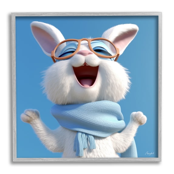 Stupell Industries Happy Rabbit in Blue Animals & Insects Painting Gray Framed Art Print Wall Art, 17 x 17