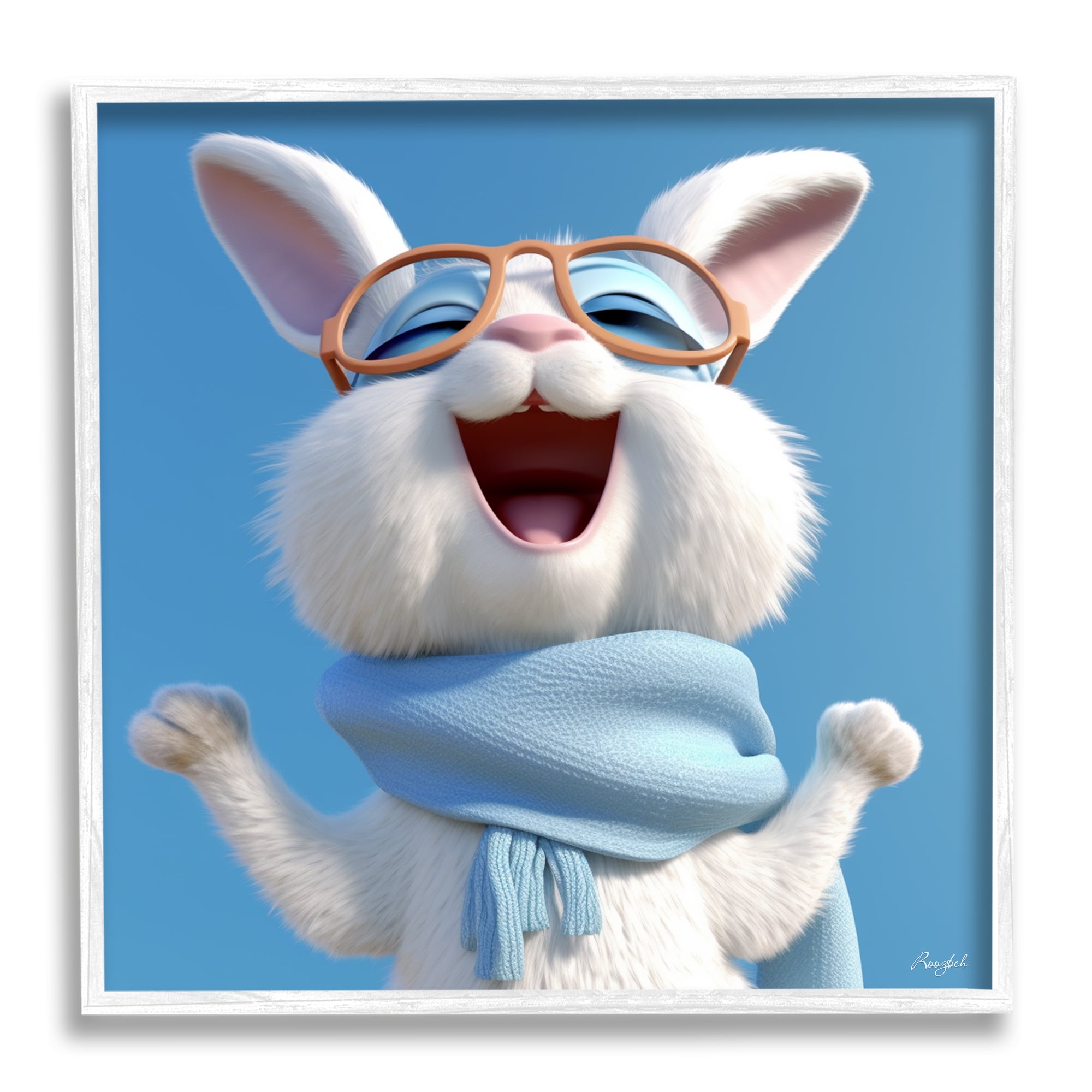 Stupell Industries Happy Rabbit in Blue Animals & Insects Painting White Framed Art Print Wall Art, 24 x 24