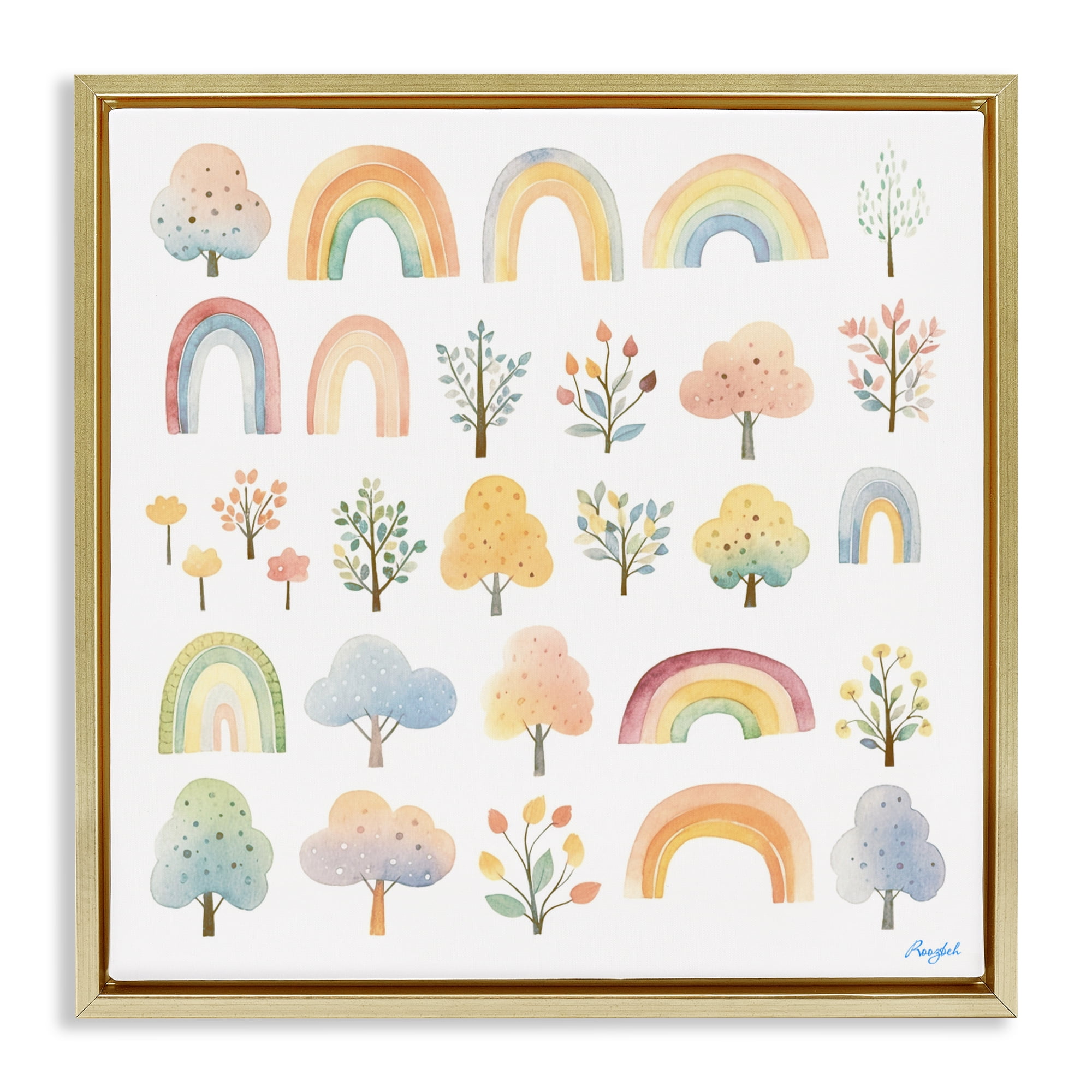 Stupell Industries Happy Rainbows & Foliage Gold Framed Floater Canvas Wall Art, design by Roozbeh