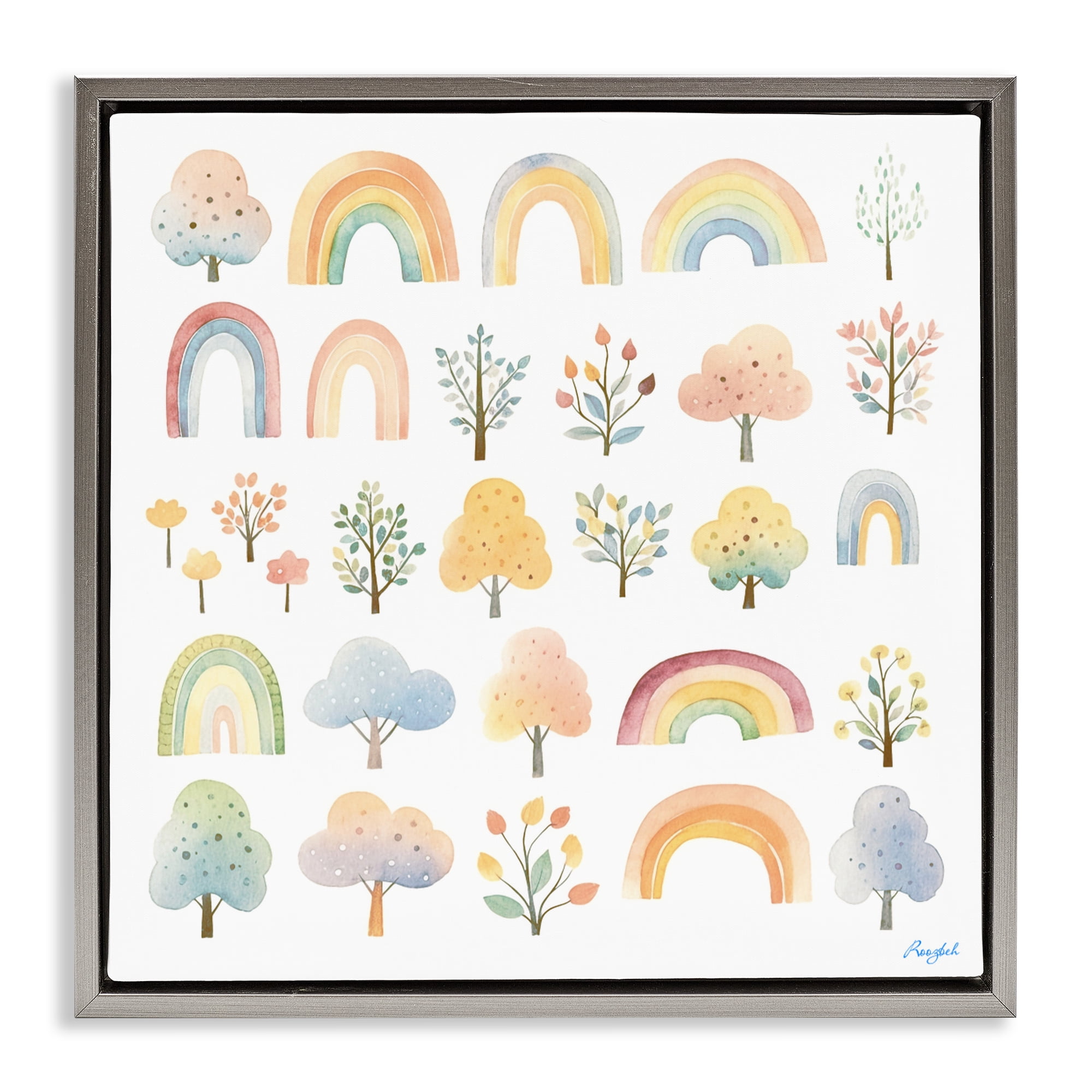 Stupell Industries Happy Rainbows & Foliage Gray Framed Floater Canvas Wall Art, design by Roozbeh