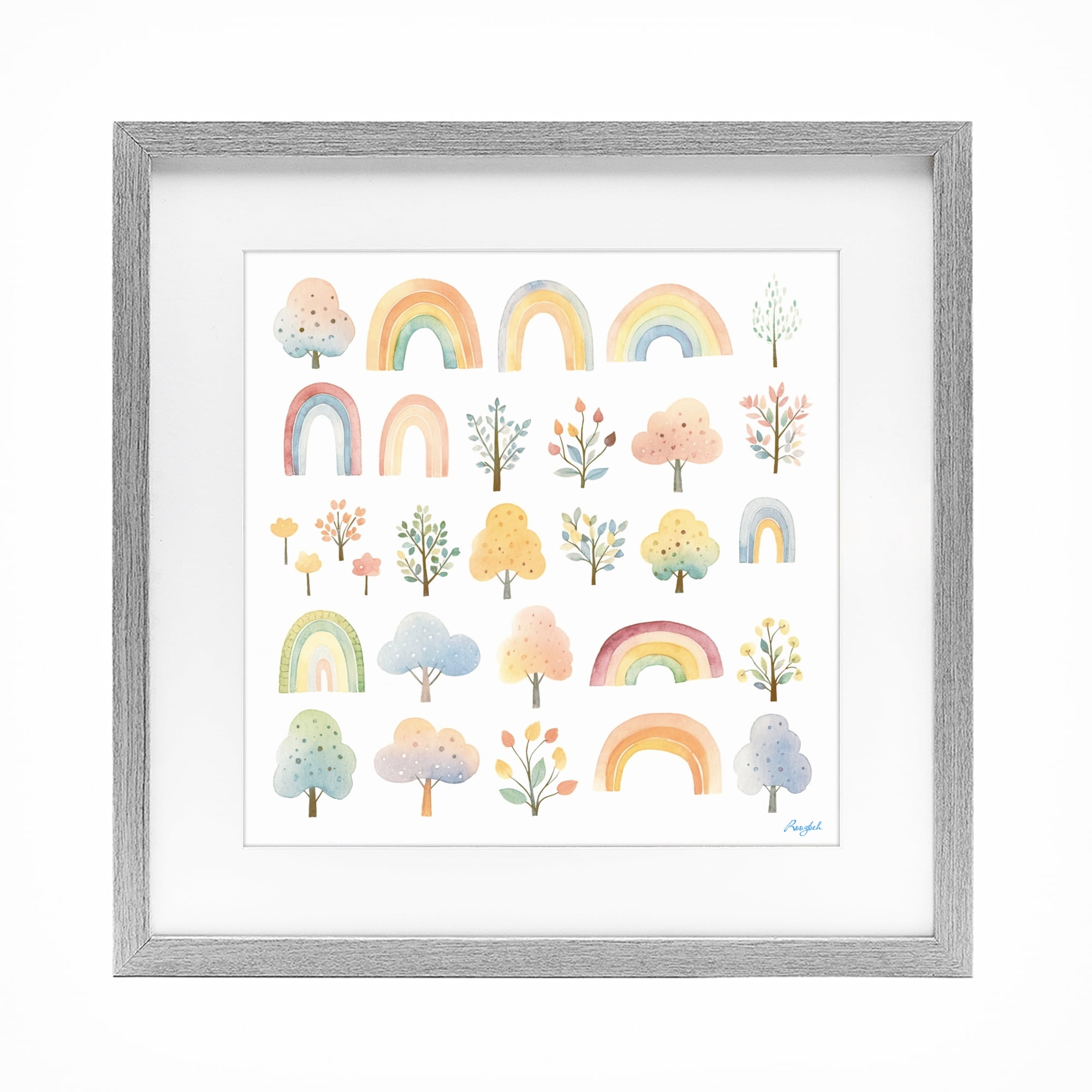 Stupell Industries Happy Rainbows & Foliage Gray Framed Print Under Glass, design by Roozbeh
