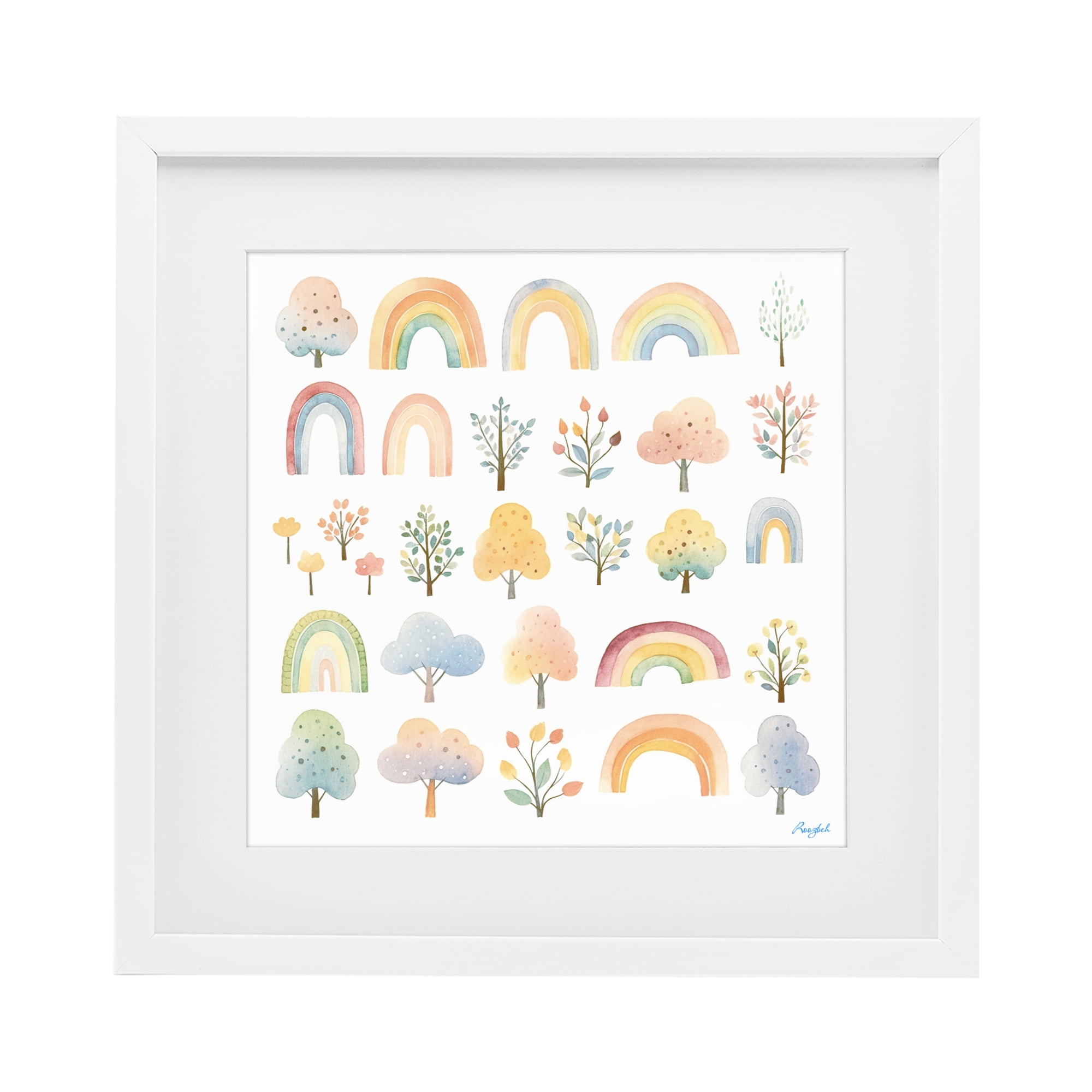 Stupell Industries Happy Rainbows & Foliage White Framed Print Under Glass, design by Roozbeh