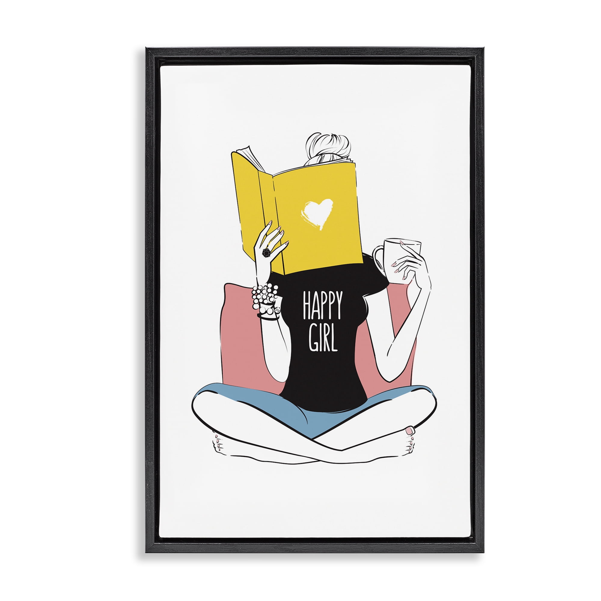 Stupell Industries Happy Reader Girl Novelty Painting Black Floater Framed Art Print Wall Art, 17 x 25