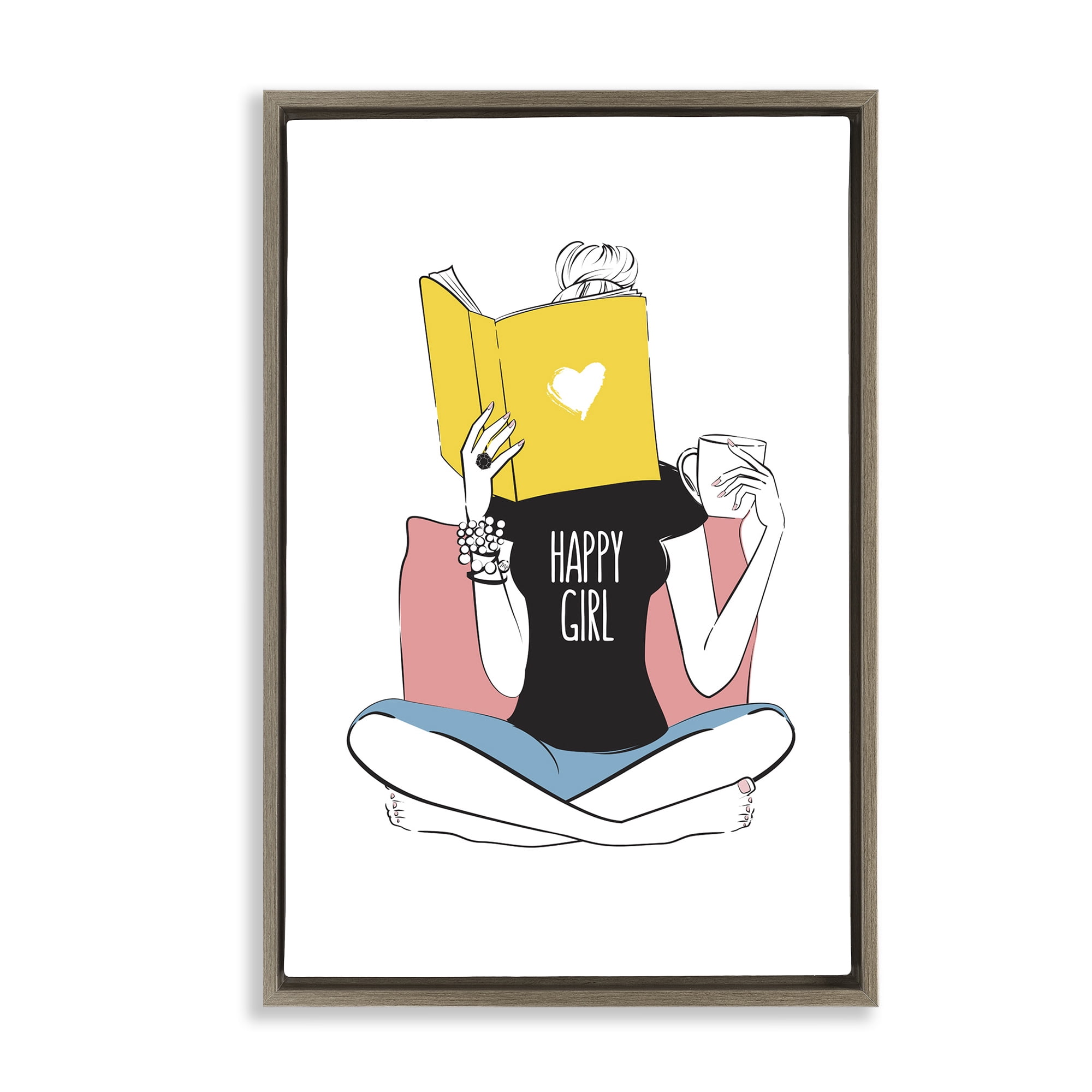 Stupell Industries Happy Reader Girl Novelty Painting Brown Floater Framed Art Print Wall Art, 21 x 31