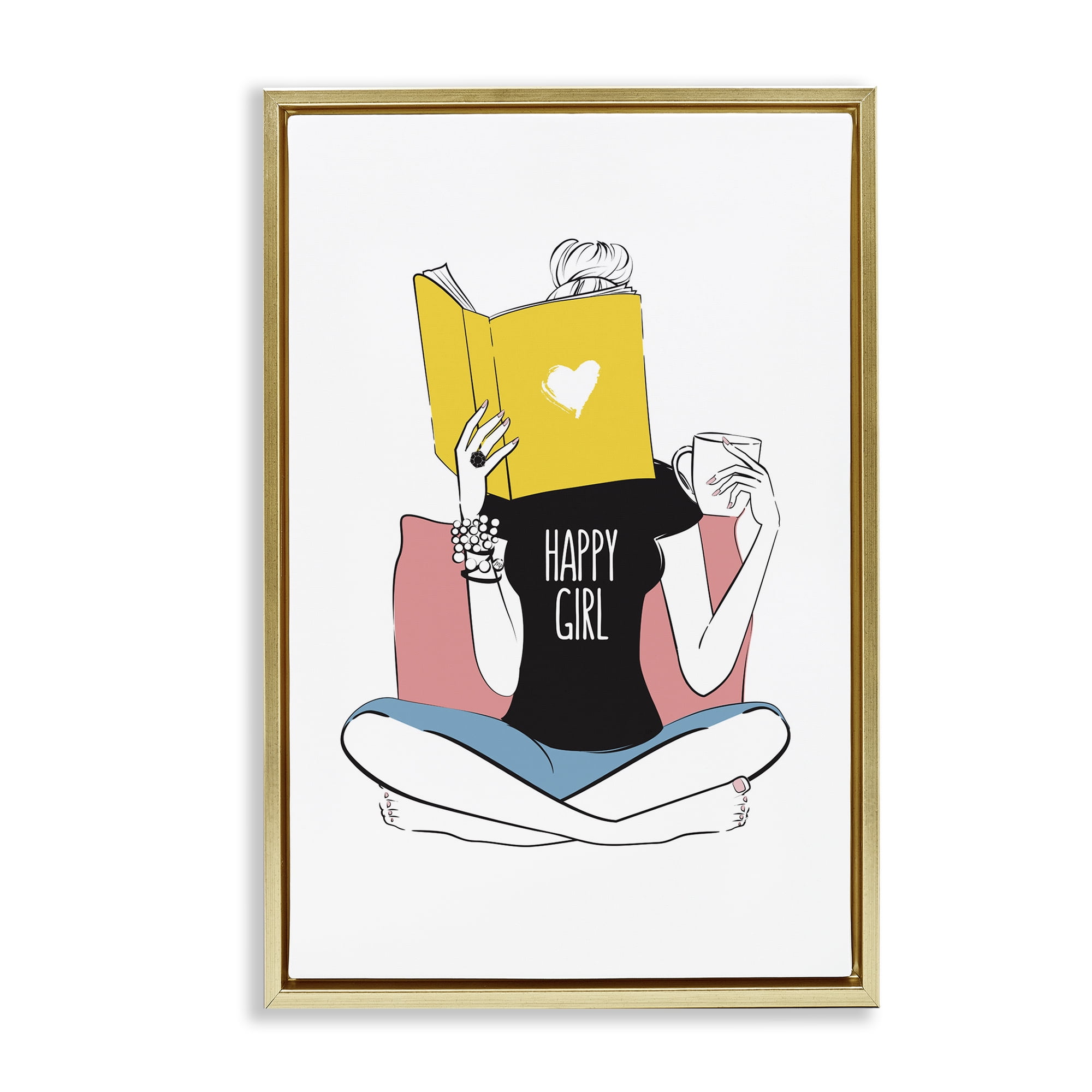 Stupell Industries Happy Reader Girl Novelty Painting Gold Floater Framed Art Print Wall Art, 21 x 31