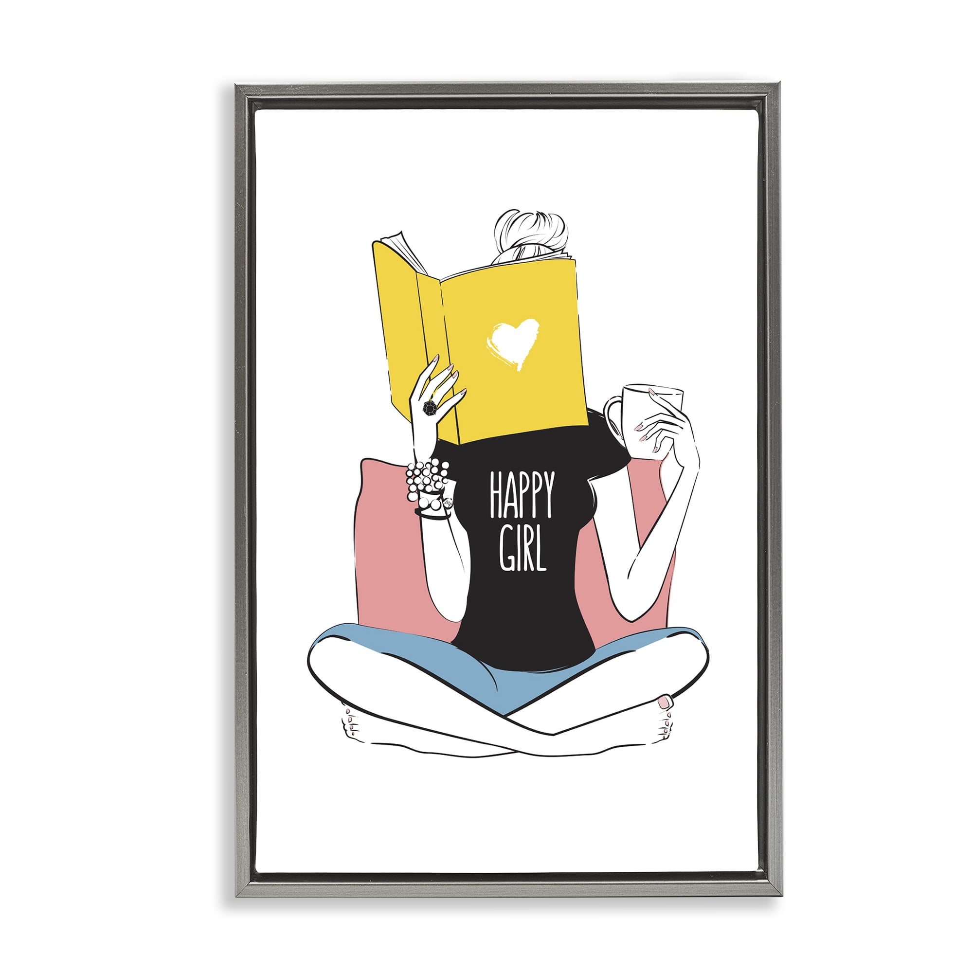 Stupell Industries Happy Reader Girl Novelty Painting Gray Floater Framed Art Print Wall Art, 21 x 31