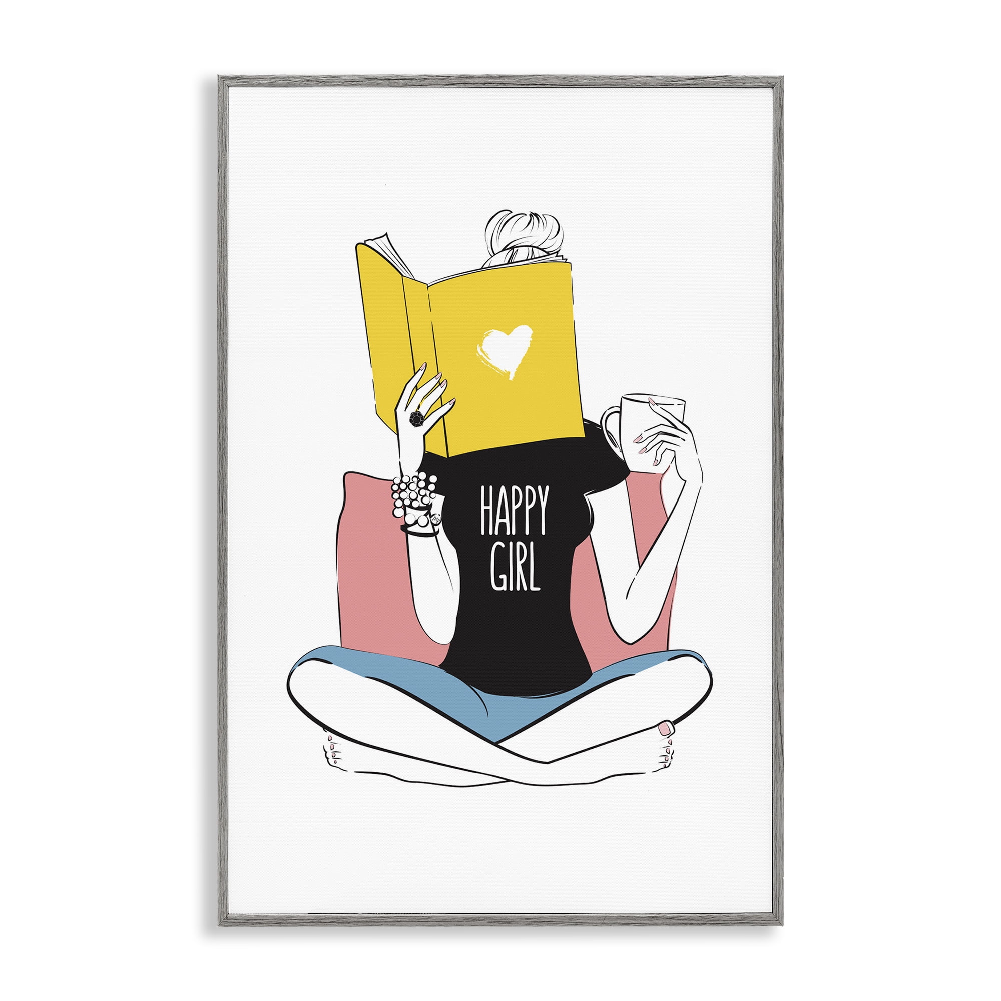 Stupell Industries Happy Reader Girl Novelty Painting Gray Framed Art Print Wall Art, 16 x 24