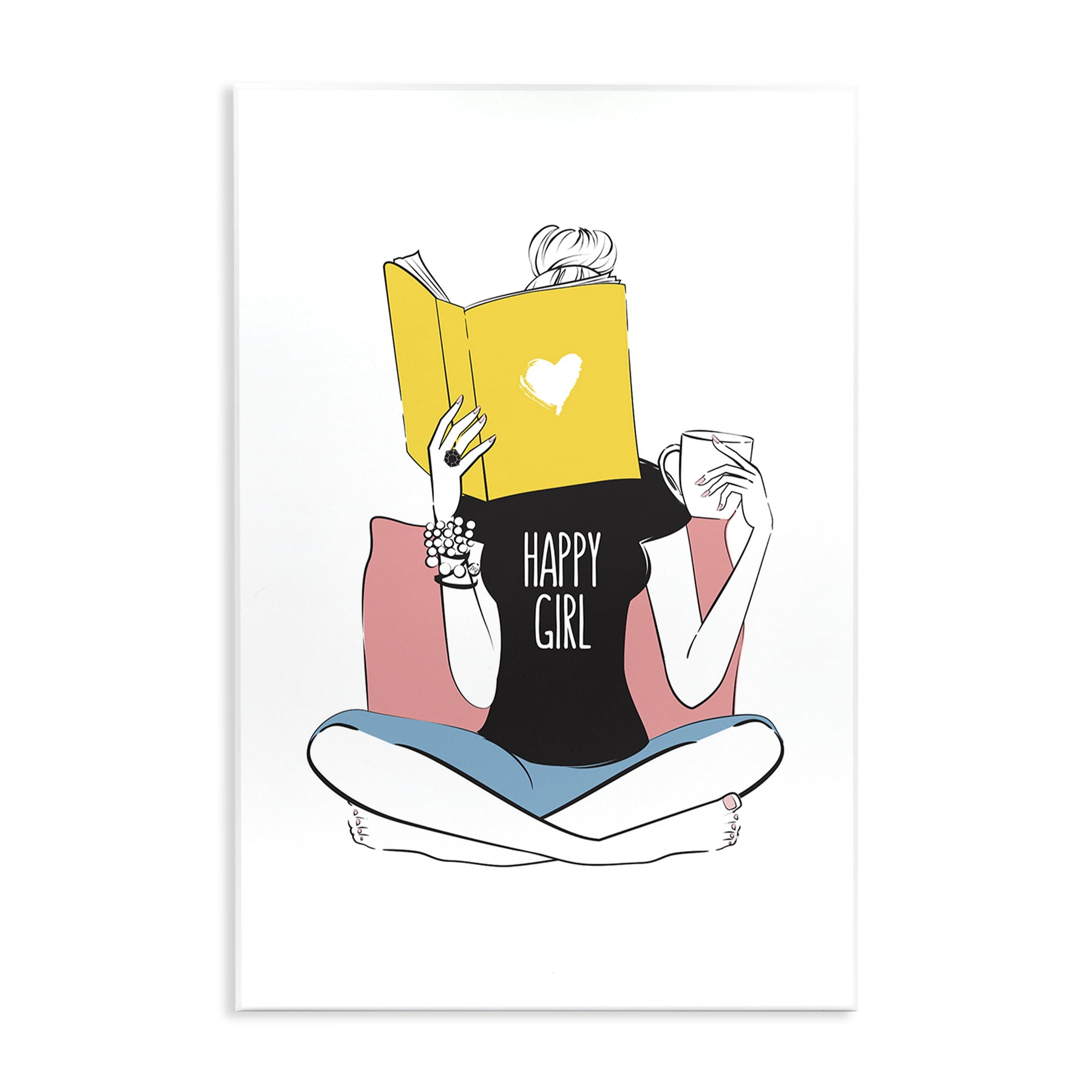 Stupell Industries Happy Reader Girl Novelty Painting Unframed Art Print Wall Art, 13 x 19