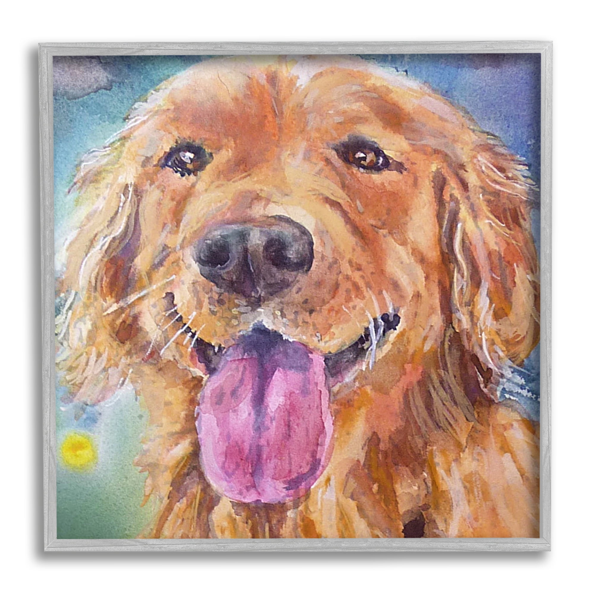 Stupell Industries Happy Retriever Dog Face Animals & Insects Painting Gray Framed Art Print Wall Art, 12 x 12