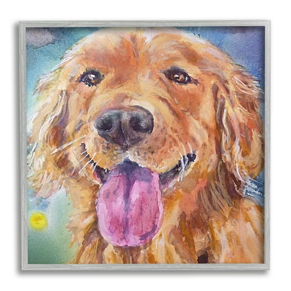 Stupell Industries Happy Retriever Dog Face Animals & Insects Painting Gray Framed Art Print Wall Art, 24 x 24
