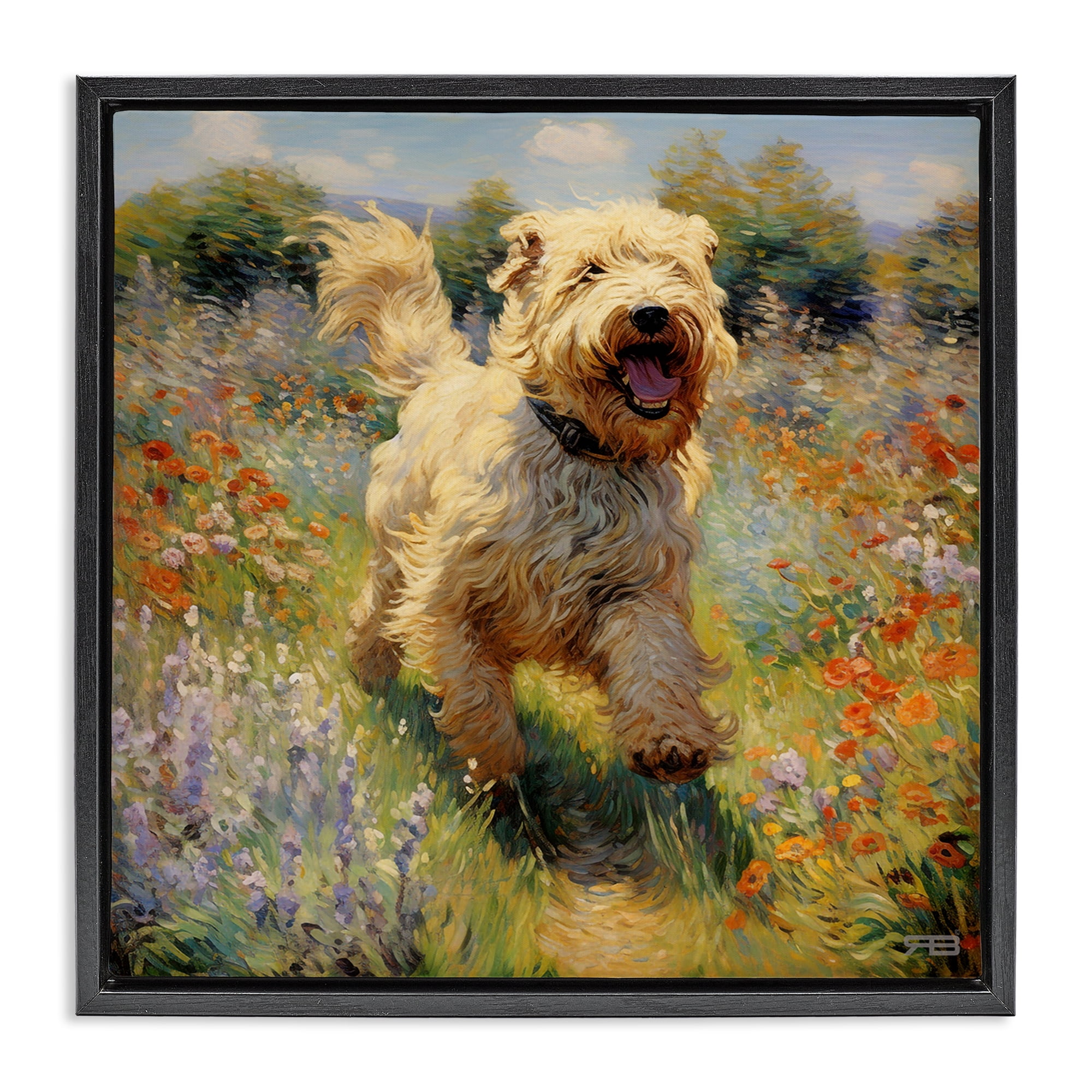 Stupell Industries Happy Running Terrier Dog Animals & Insects Painting Black Floater Framed Canvas Art Print Wall Art, 18 x 18