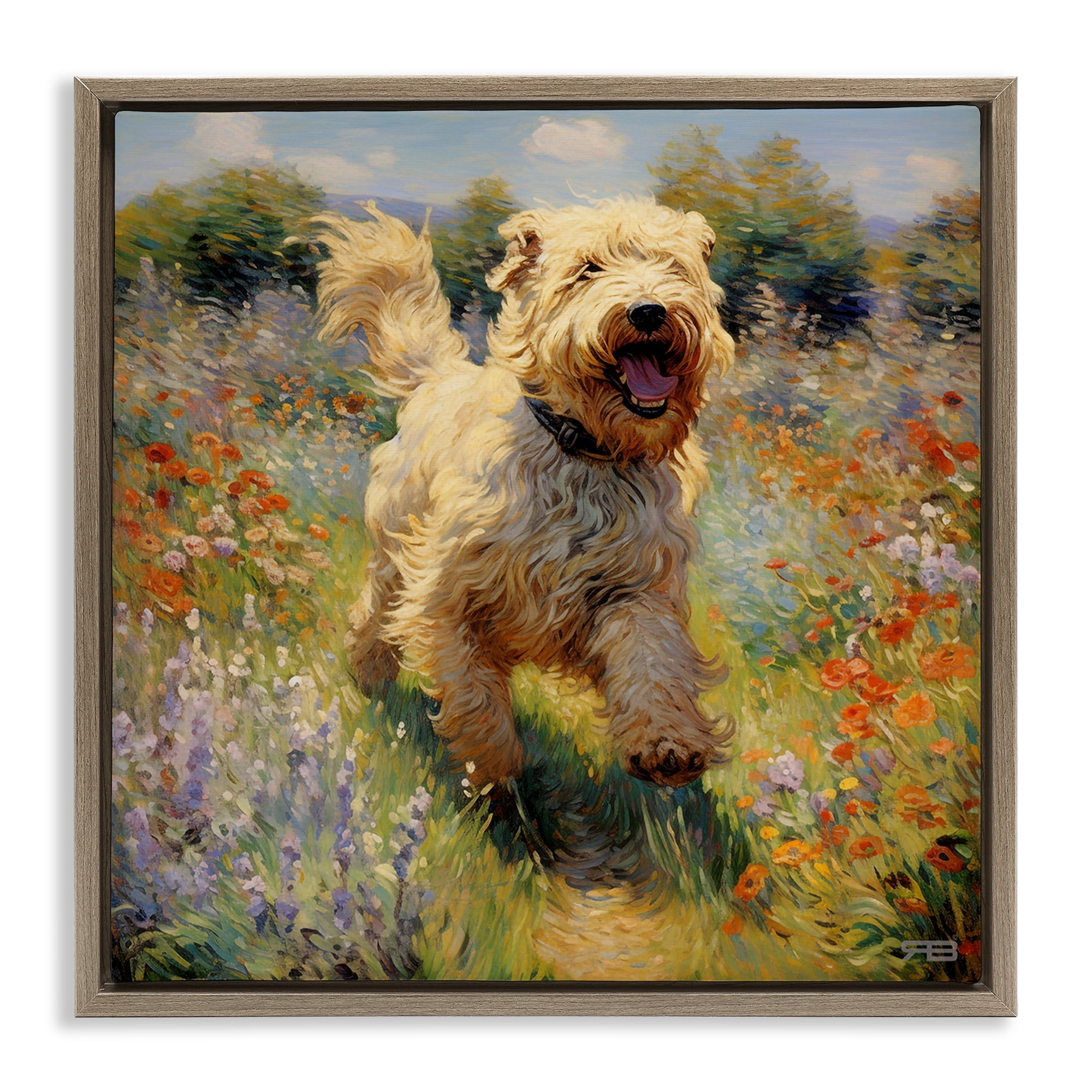 Stupell Industries Happy Running Terrier Dog Animals & Insects Painting Brown Floater Framed Canvas Art Print Wall Art, 25 x 25