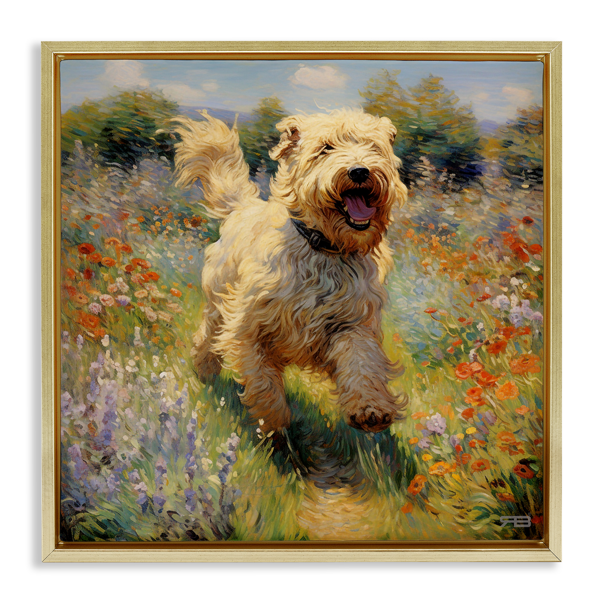 Stupell Industries Happy Running Terrier Dog Animals & Insects Painting Gold Floater Framed Canvas Art Print Wall Art, 18 x 18