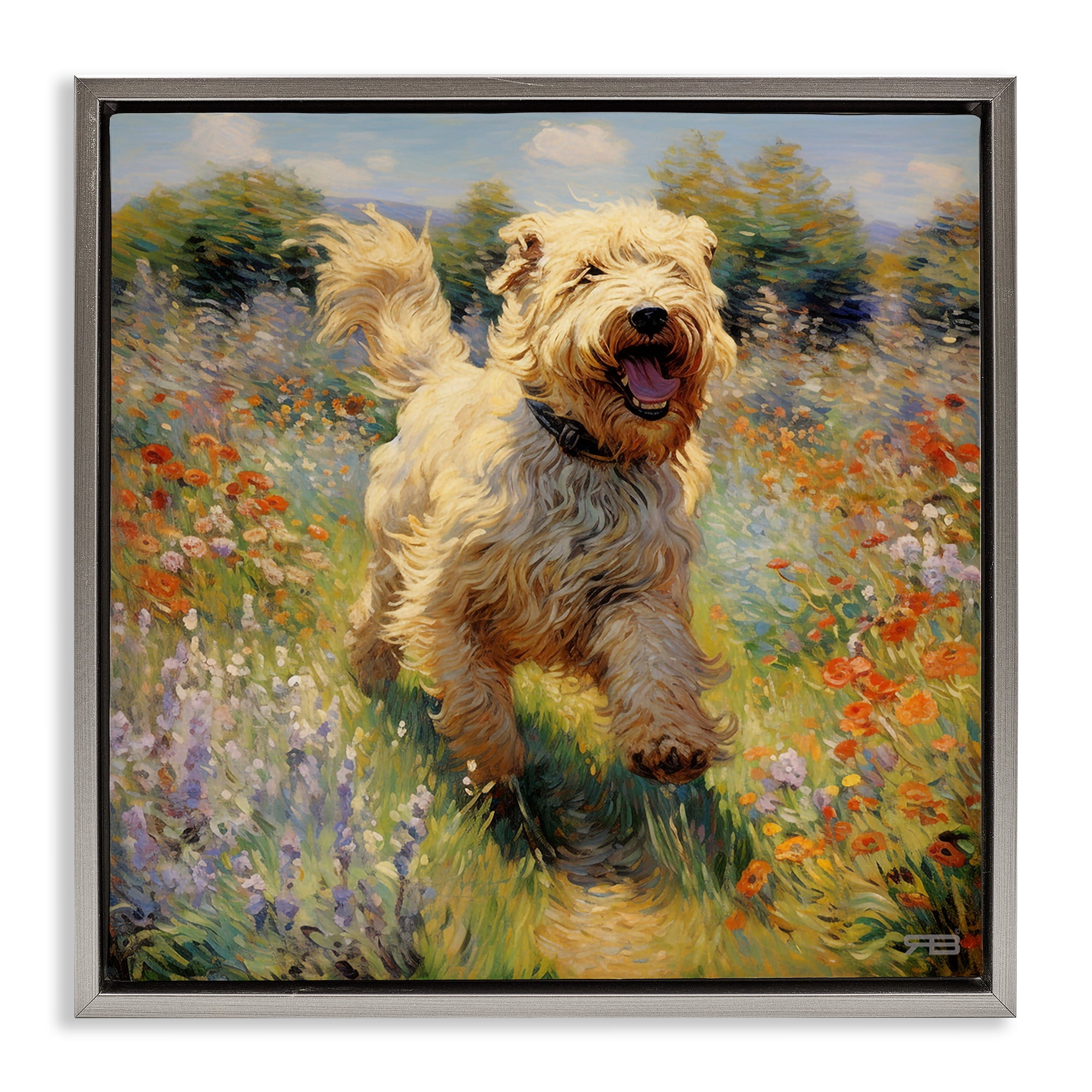 Stupell Industries Happy Running Terrier Dog Animals & Insects Painting Gray Floater Framed Canvas Art Print Wall Art, 18 x 18