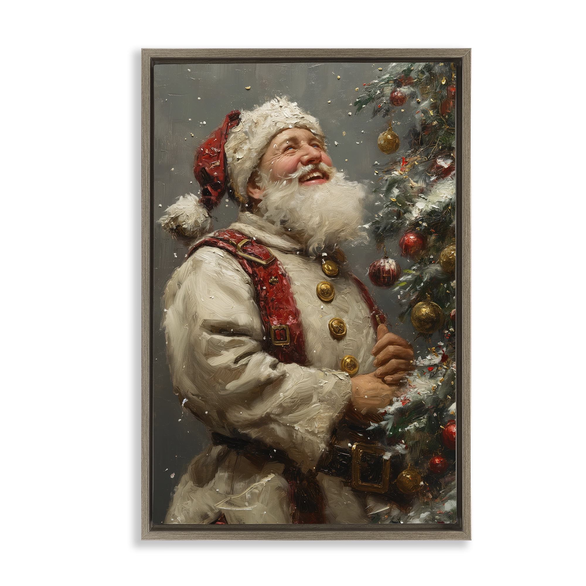 Stupell Industries Happy Santa & Tree Holiday Painting Brown Floater Framed Art Print Wall Art, 21 x 31