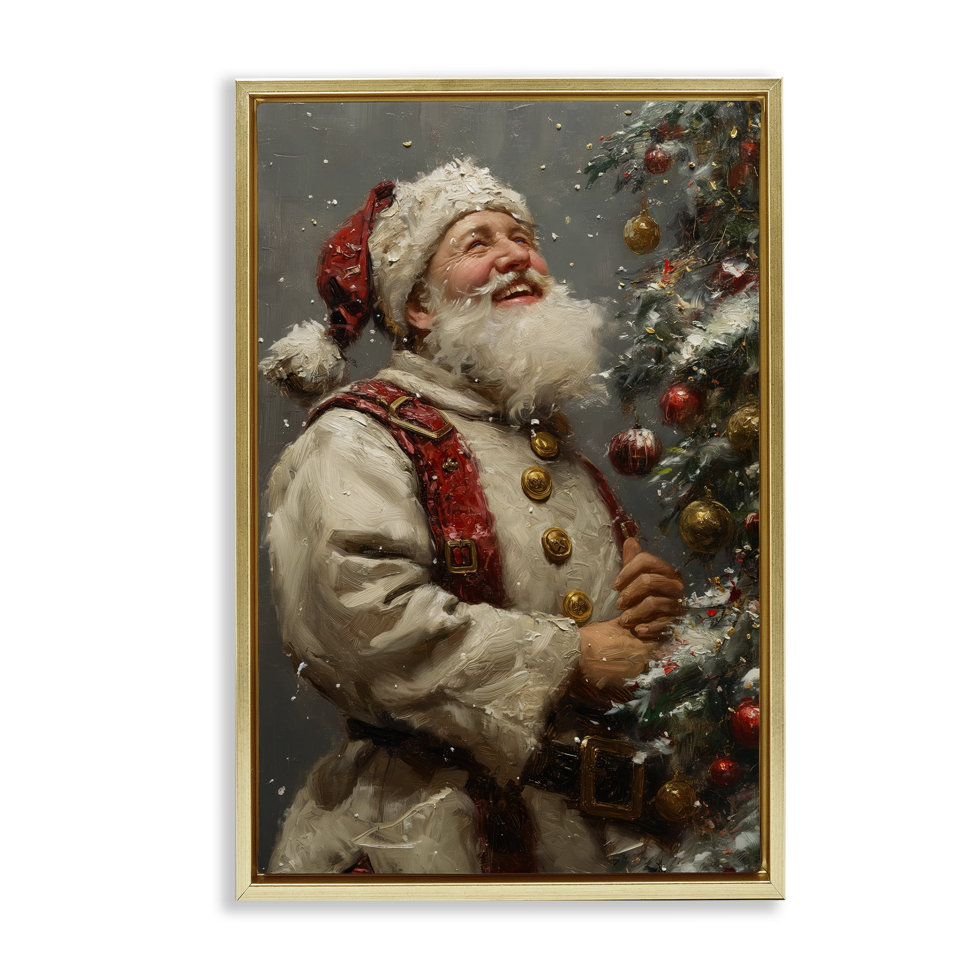 Stupell Industries Happy Santa & Tree Holiday Painting Gold Floater Framed Art Print Wall Art, 21 x 31