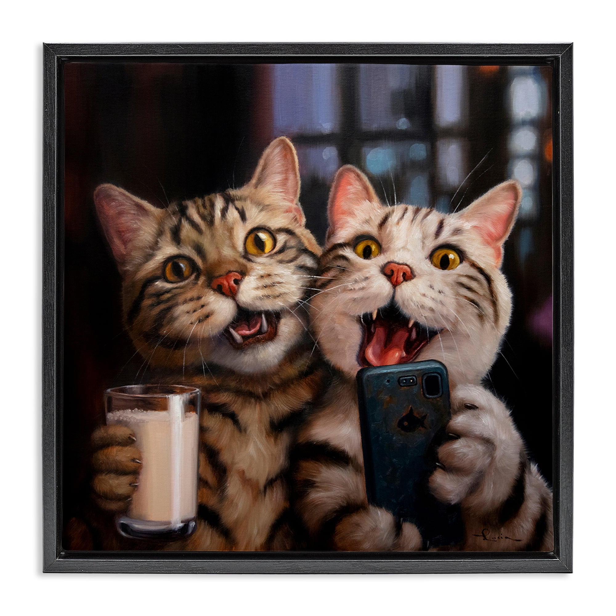 Stupell Industries Happy Selfie Cats Animals Painting Black Floater Framed Canvas Art Print Wall Art, 18 x 18