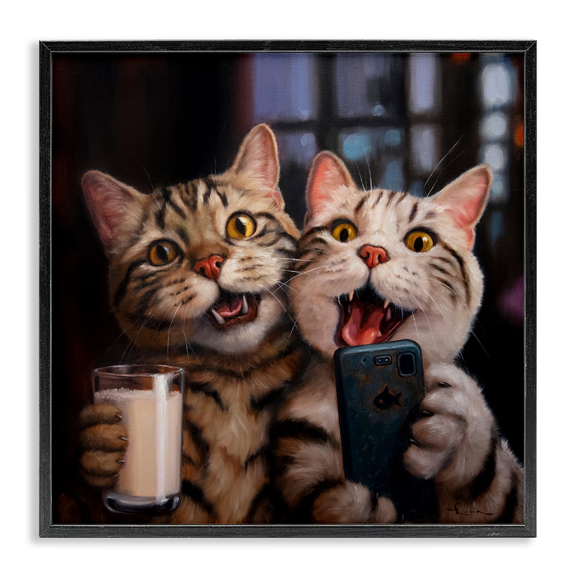 Stupell Industries Happy Selfie Cats Animals Painting Black Framed Art Print Wall Art, 17 x 17