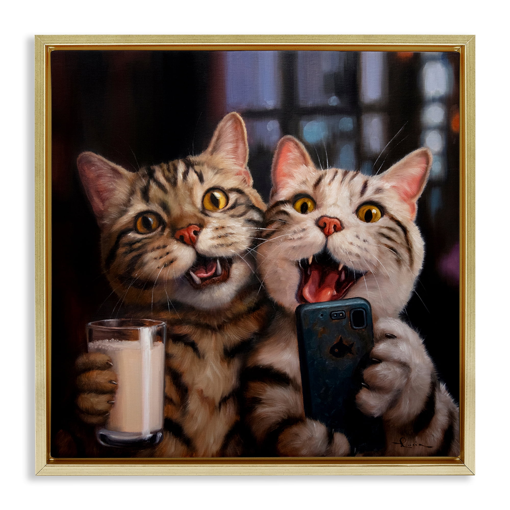 Stupell Industries Happy Selfie Cats Animals Painting Gold Floater Framed Canvas Art Print Wall Art, 18 x 18