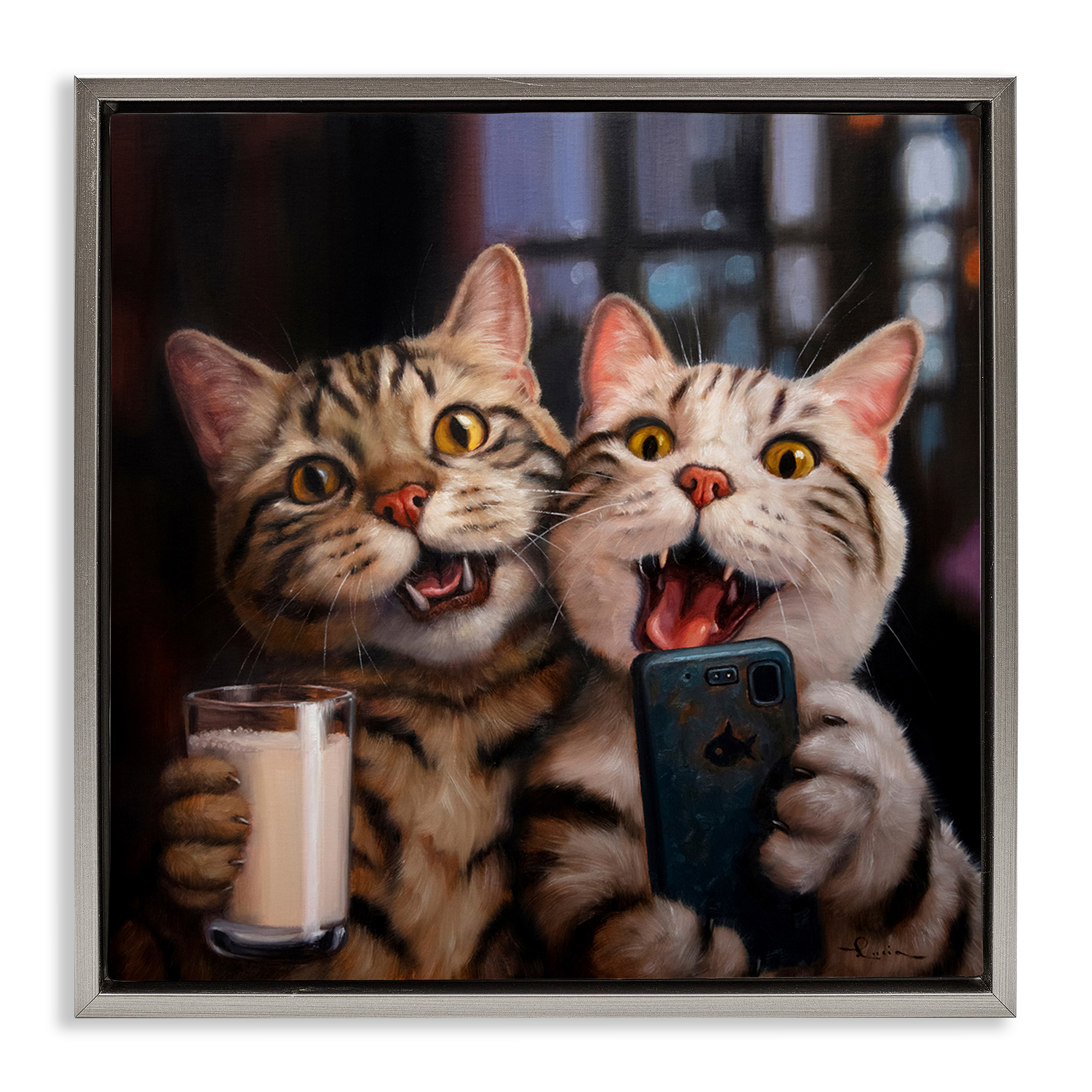 Stupell Industries Happy Selfie Cats Animals Painting Gray Floater Framed Canvas Art Print Wall Art, 18 x 18