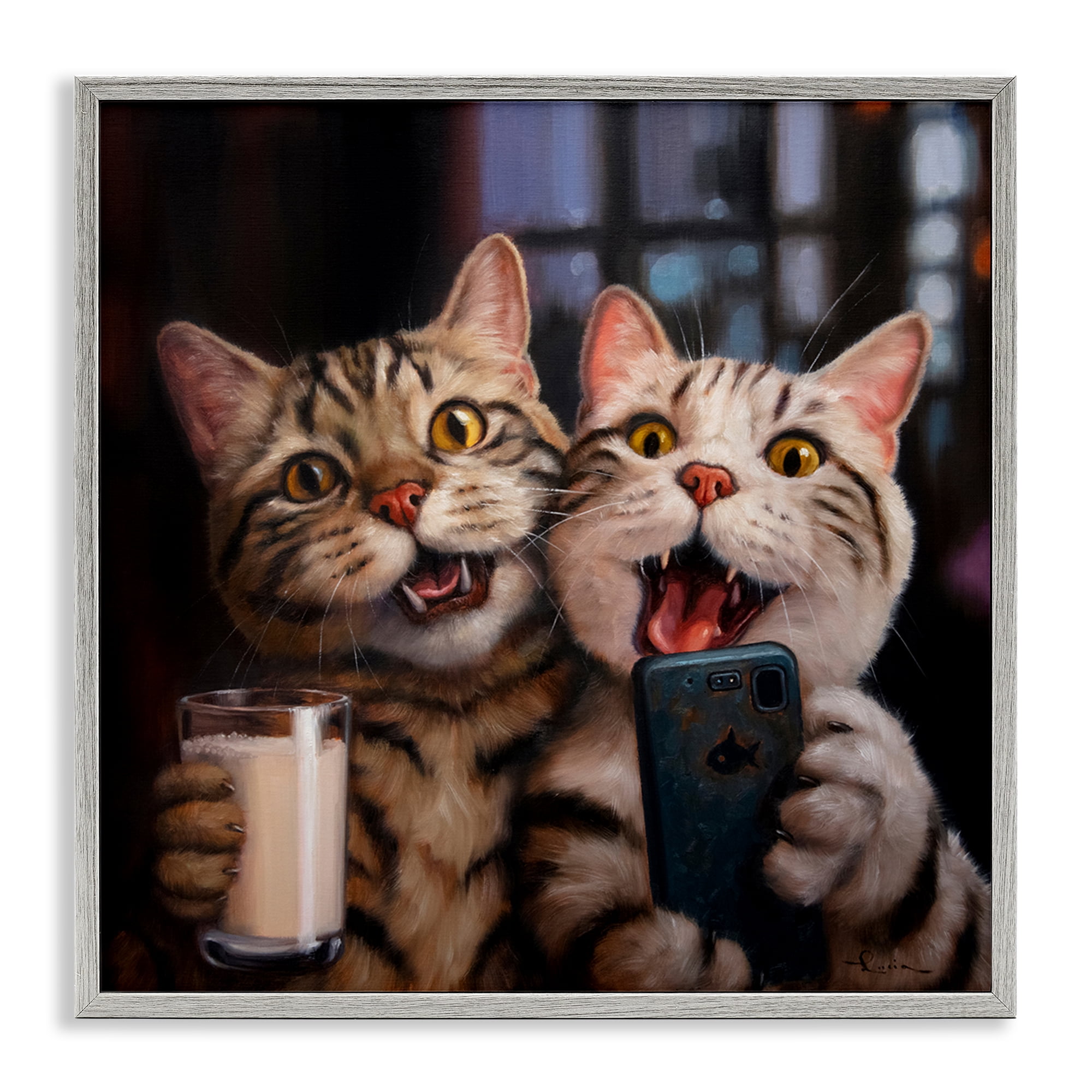 Stupell Industries Happy Selfie Cats Animals Painting Gray Framed Art Print Wall Art, 24 x 24
