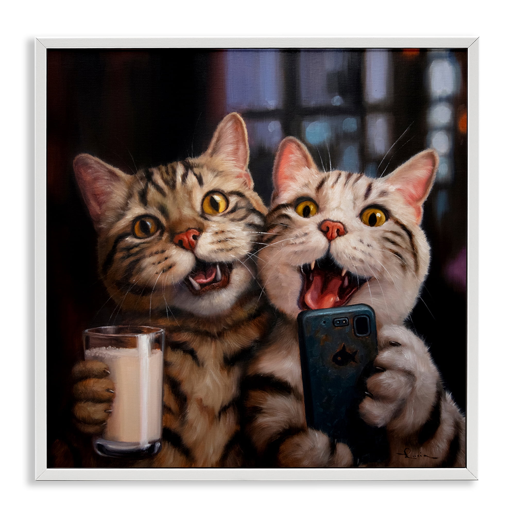 Stupell Industries Happy Selfie Cats Animals Painting White Framed Art Print Wall Art, 24 x 24