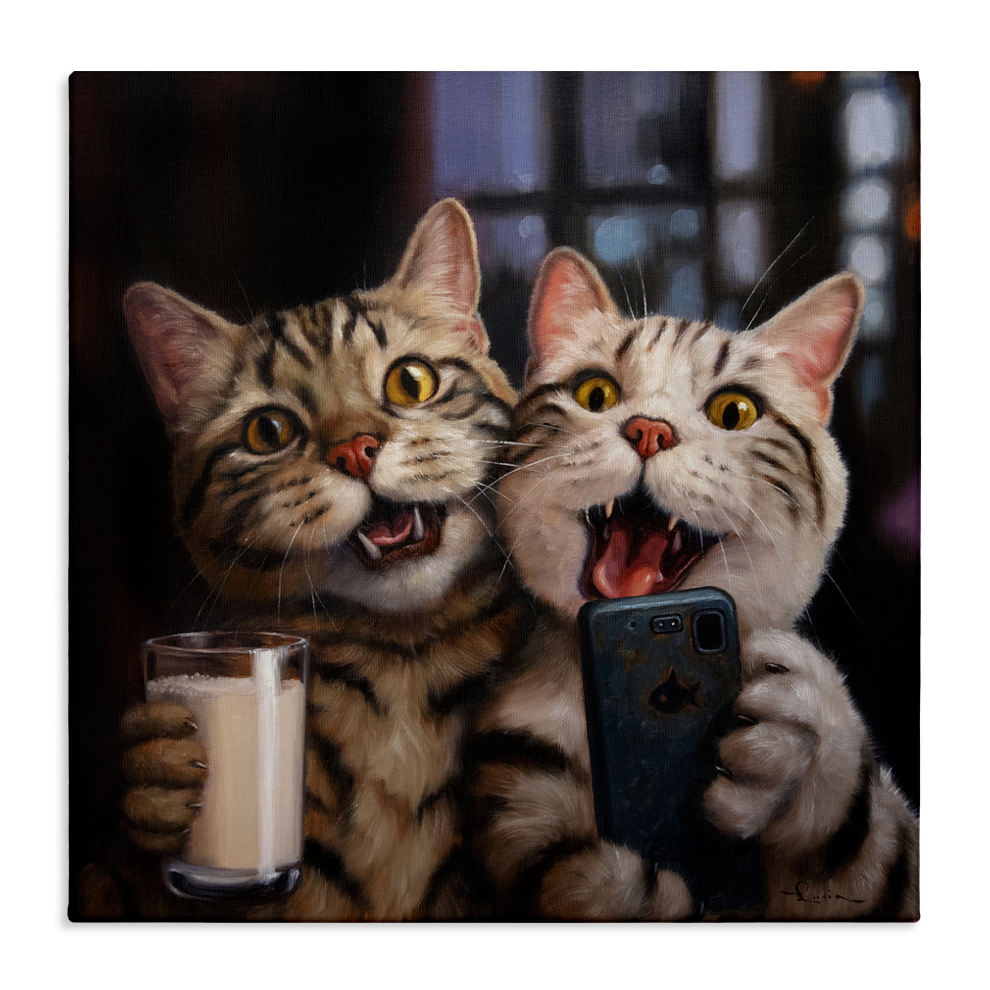 Stupell Industries Happy Selfie Cats Animals Painting Wrapped Canvas Art Print Wall Art, 24 x 24
