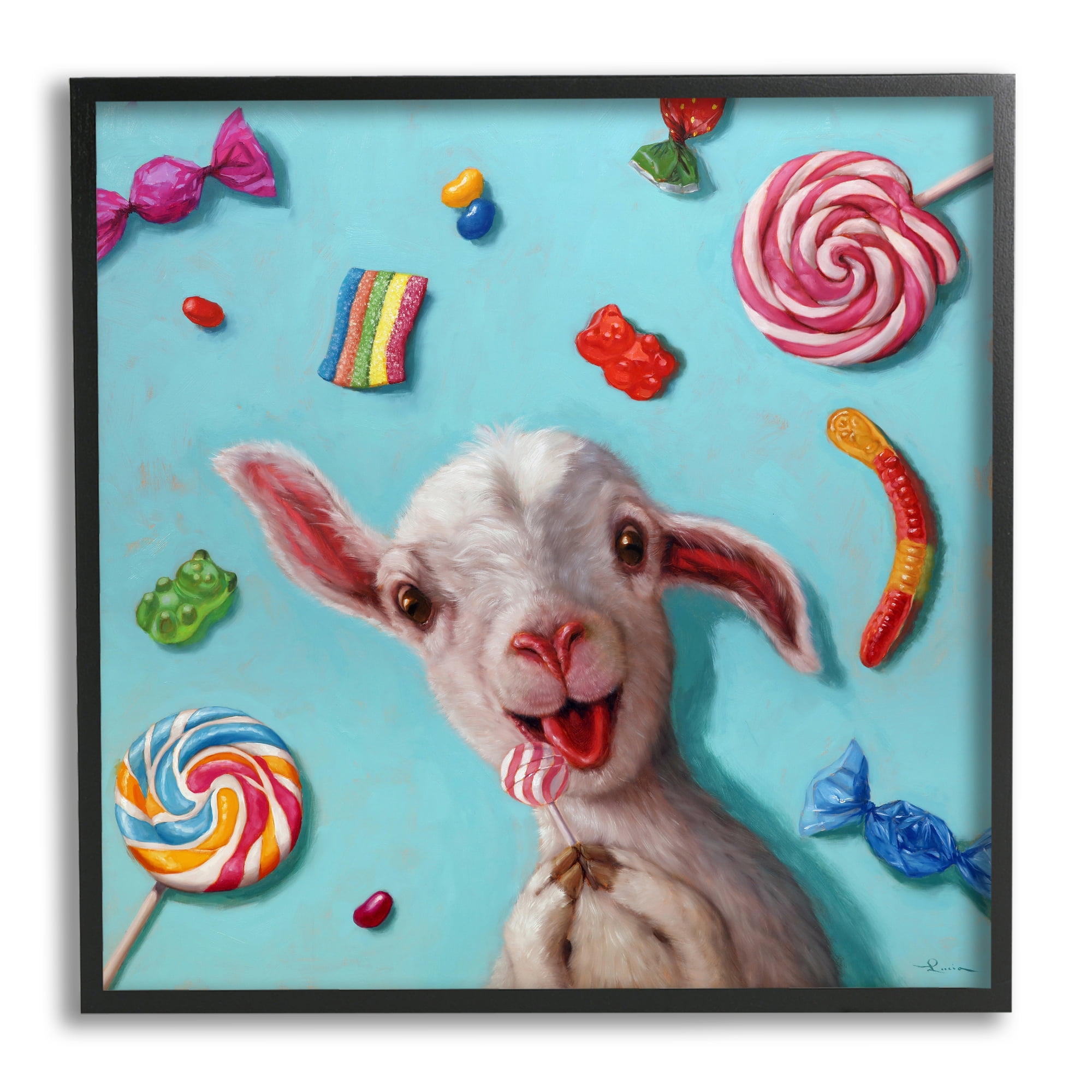 Stupell Industries Happy Sheep with Candy Animals & Insects Painting Black Framed Art Print Wall Art, 17 x 17