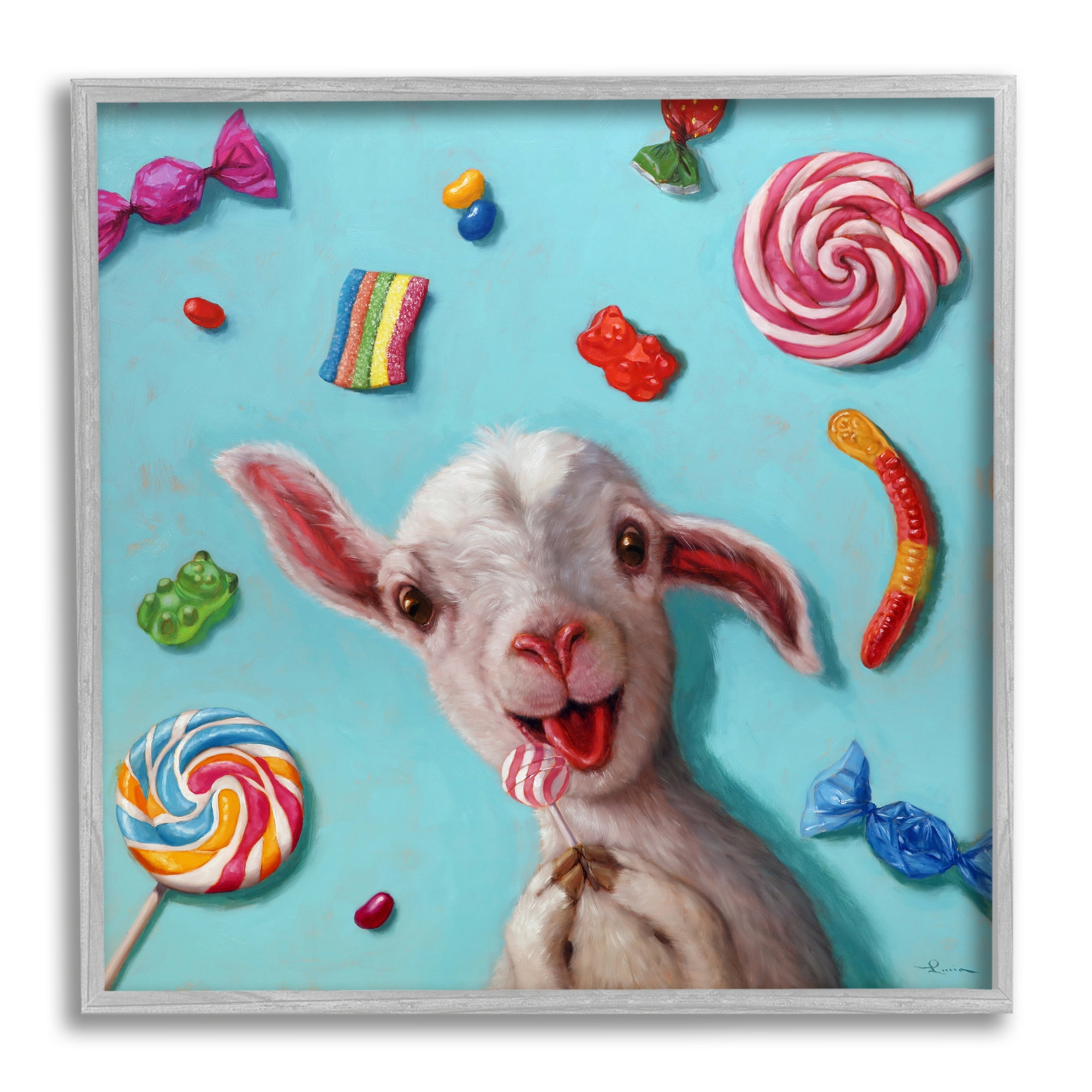 Stupell Industries Happy Sheep with Candy Animals & Insects Painting Gray Framed Art Print Wall Art, 24 x 24
