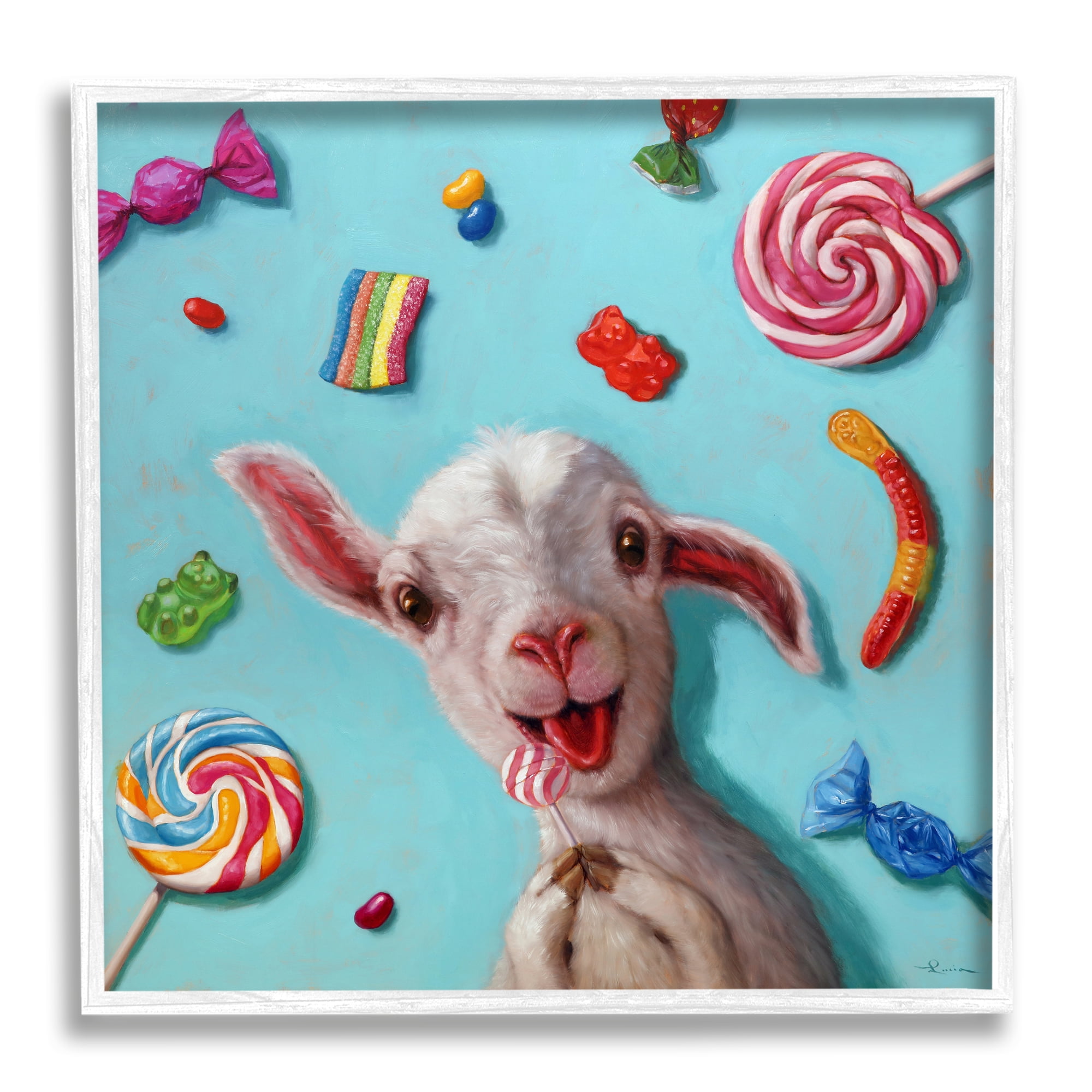 Stupell Industries Happy Sheep with Candy Animals & Insects Painting White Framed Art Print Wall Art, 24 x 24