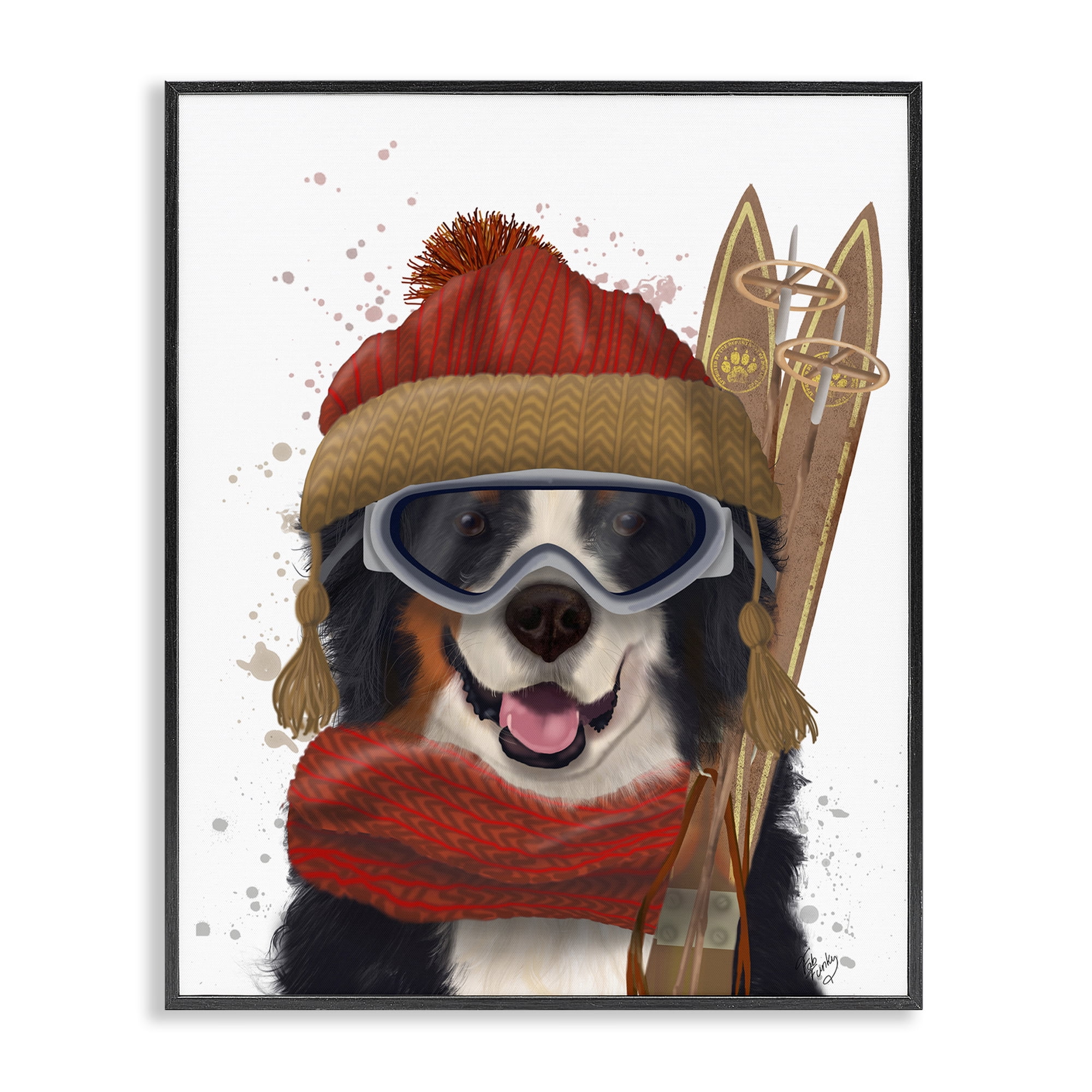 Stupell Industries Happy Skiing Dog Animals & Insects Painting Black Framed Art Prints Wall Art, 24 x 30