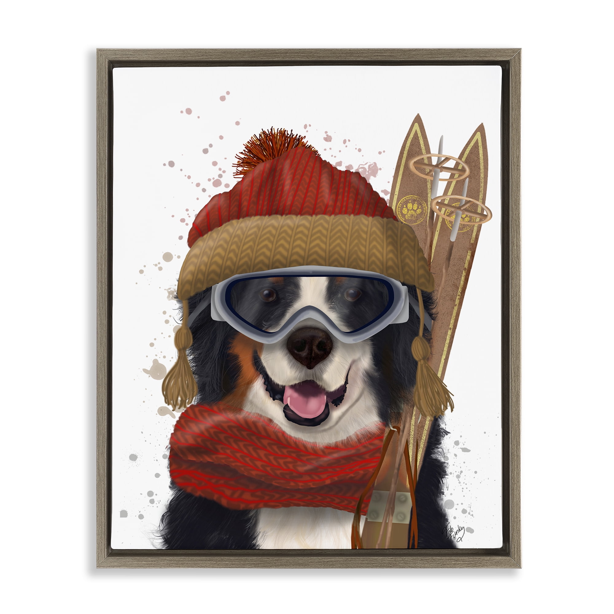 Stupell Industries Happy Skiing Dog Animals & Insects Painting Brown Floater Framed Canvas Art Prints Wall Art, 25 x 31