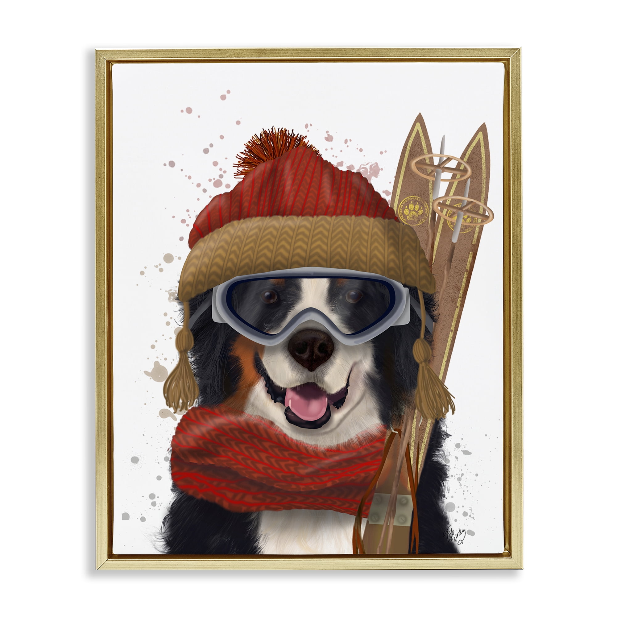 Stupell Industries Happy Skiing Dog Animals & Insects Painting Gold Floater Framed Canvas Art Prints Wall Art, 17 x 21
