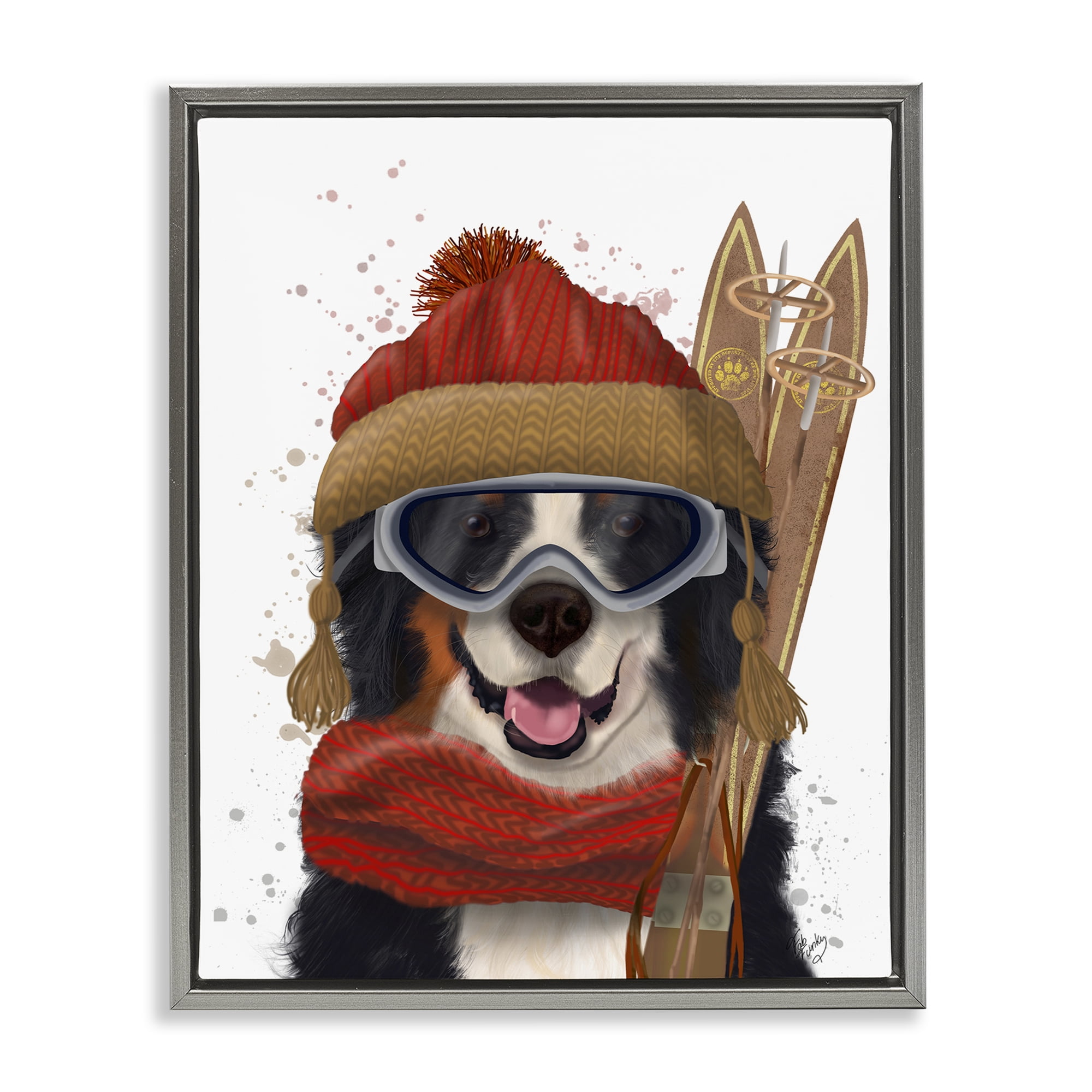 Stupell Industries Happy Skiing Dog Animals & Insects Painting Gray Floater Framed Canvas Art Prints Wall Art, 17 x 21
