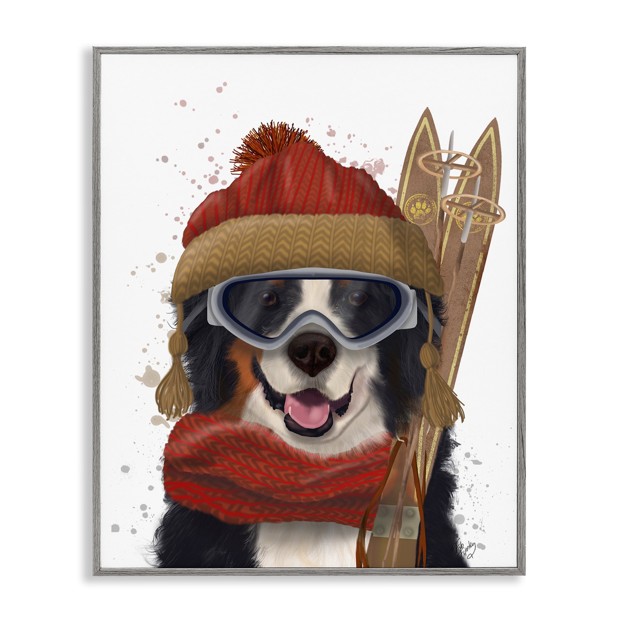 Stupell Industries Happy Skiing Dog Animals & Insects Painting Gray Framed Art Prints Wall Art, 11 x 14