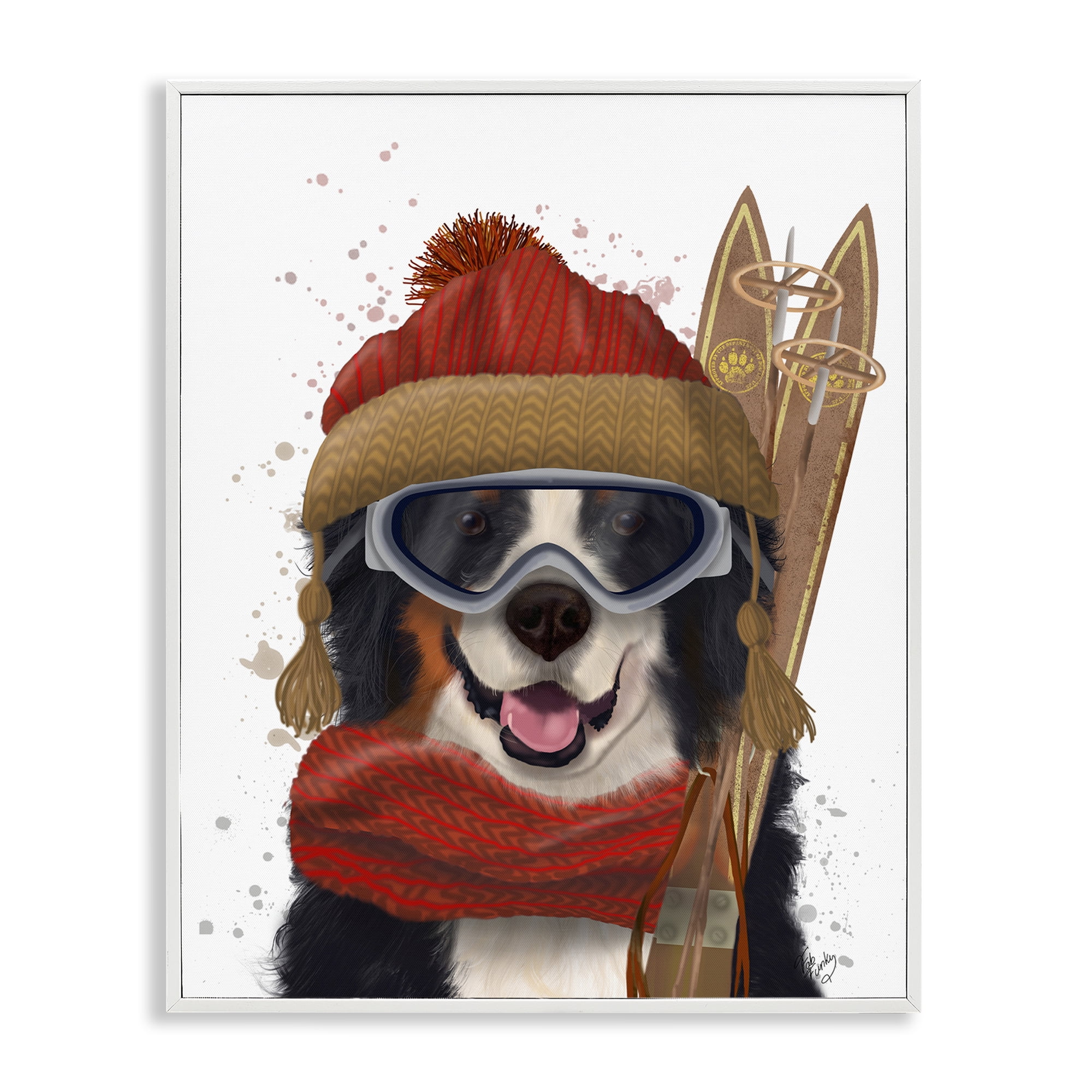 Stupell Industries Happy Skiing Dog Animals & Insects Painting White Framed Art Prints Wall Art, 16 x 20