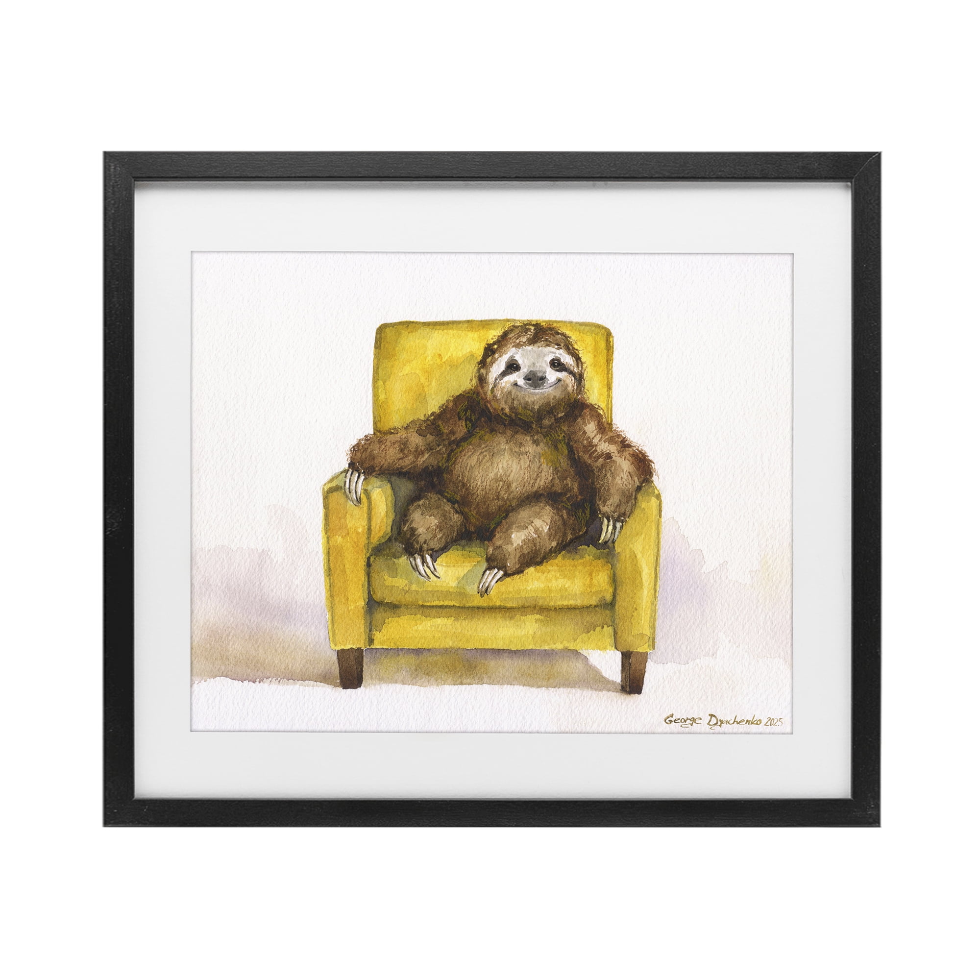 Stupell Industries Happy Sloth Relaxing on Armchair Black Framed Print Under Glass, design by George Dyachenko