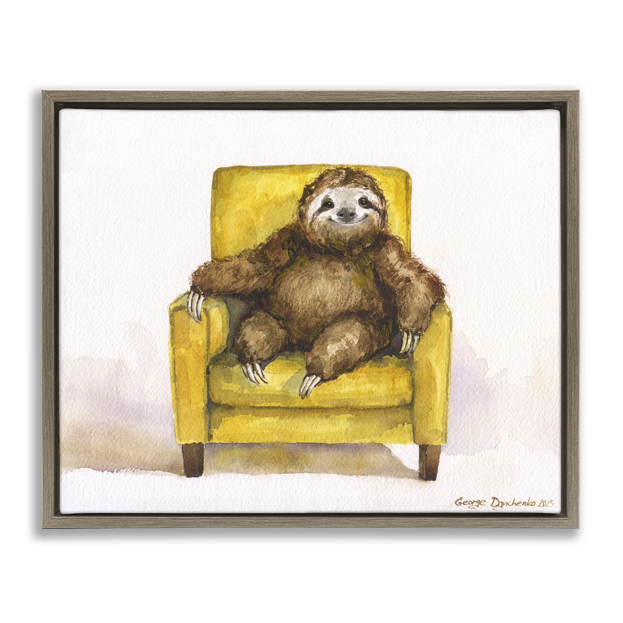Stupell Industries Happy Sloth Relaxing on Armchair Brown Framed Floater Canvas Wall Art, design by George Dyachenko