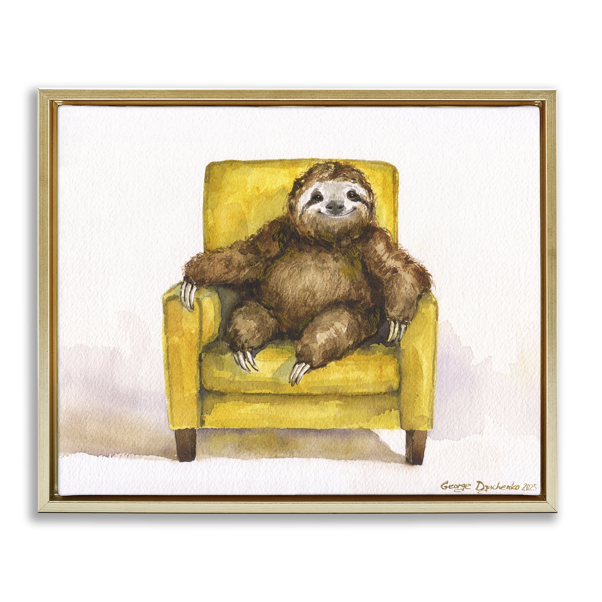 Stupell Industries Happy Sloth Relaxing on Armchair Gold Framed Floater Canvas Wall Art, design by George Dyachenko