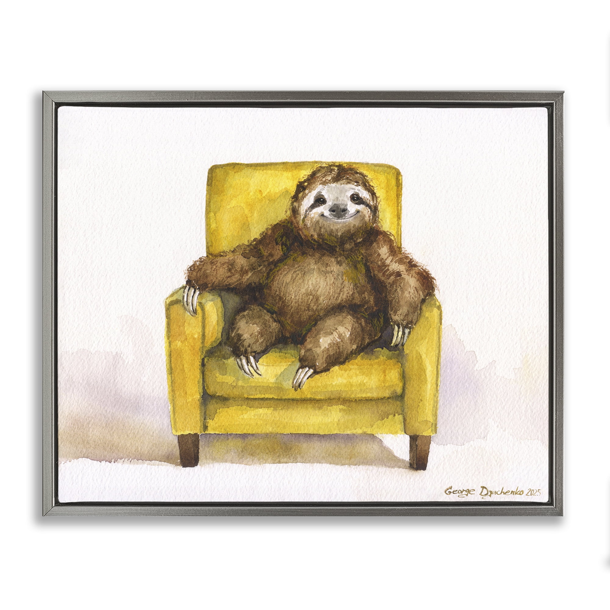 Stupell Industries Happy Sloth Relaxing on Armchair Gray Framed Floater Canvas Wall Art, design by George Dyachenko