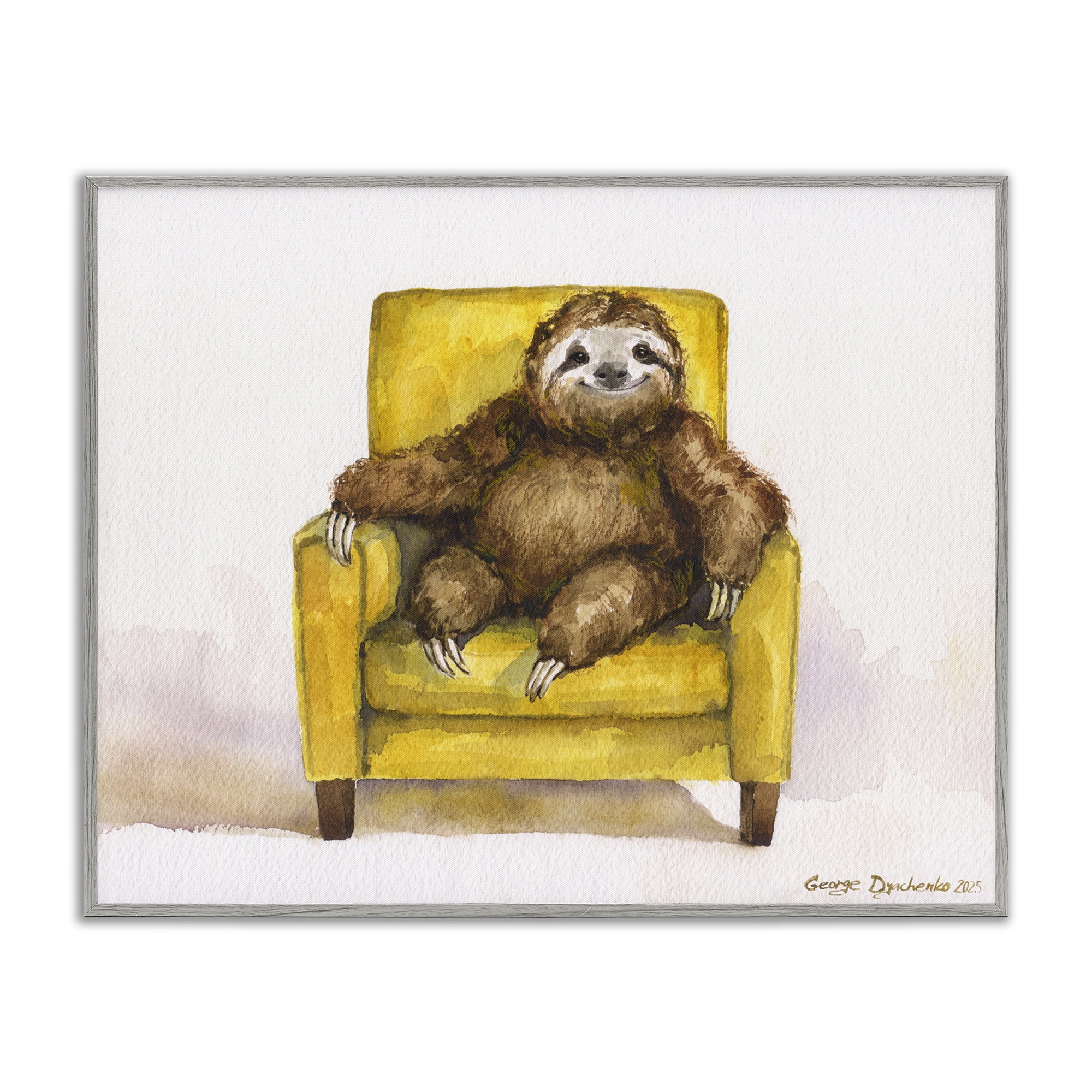 Stupell Industries Happy Sloth Relaxing on Armchair Gray Framed Giclee Art, design by George Dyachenko