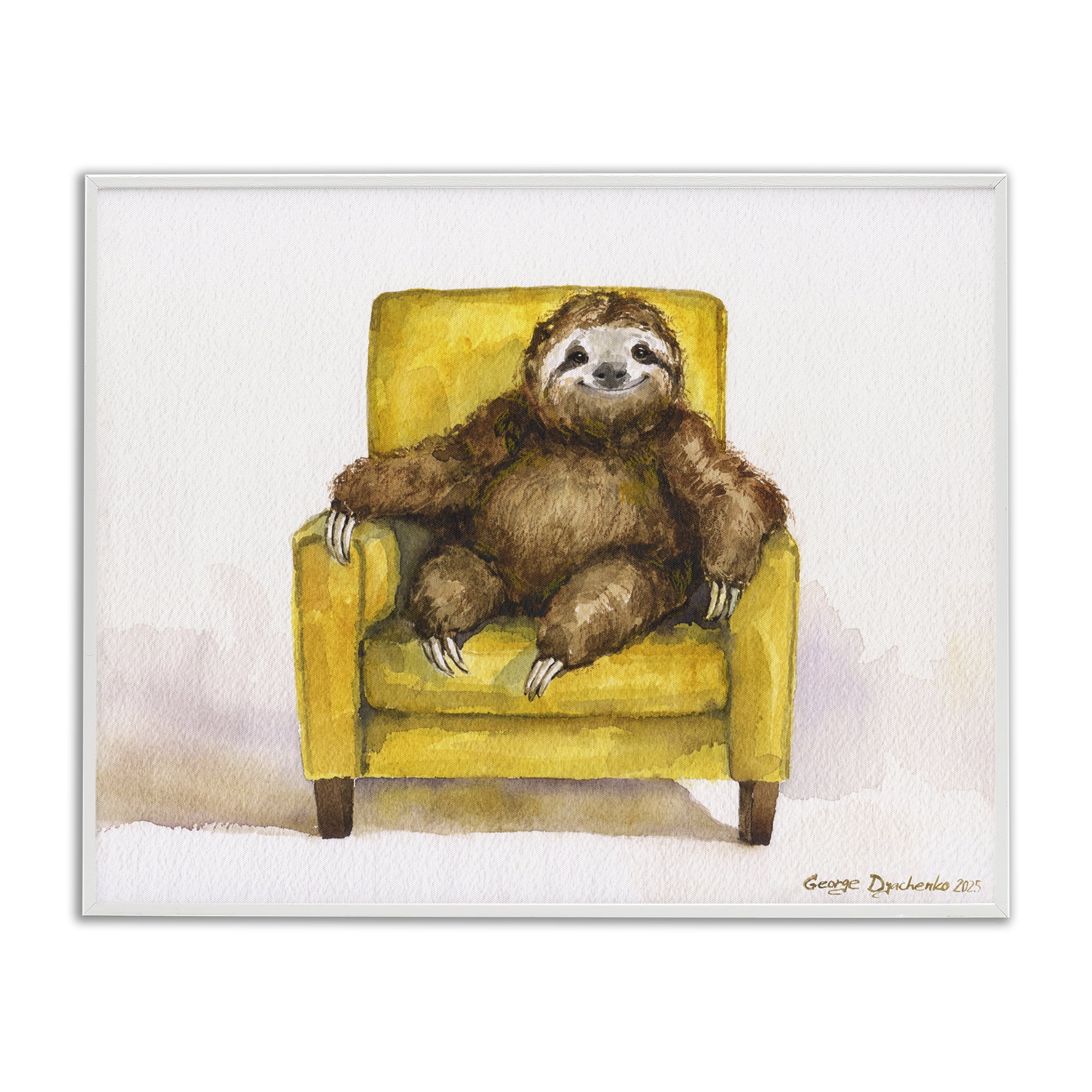 Stupell Industries Happy Sloth Relaxing on Armchair White Framed Giclee Art, design by George Dyachenko