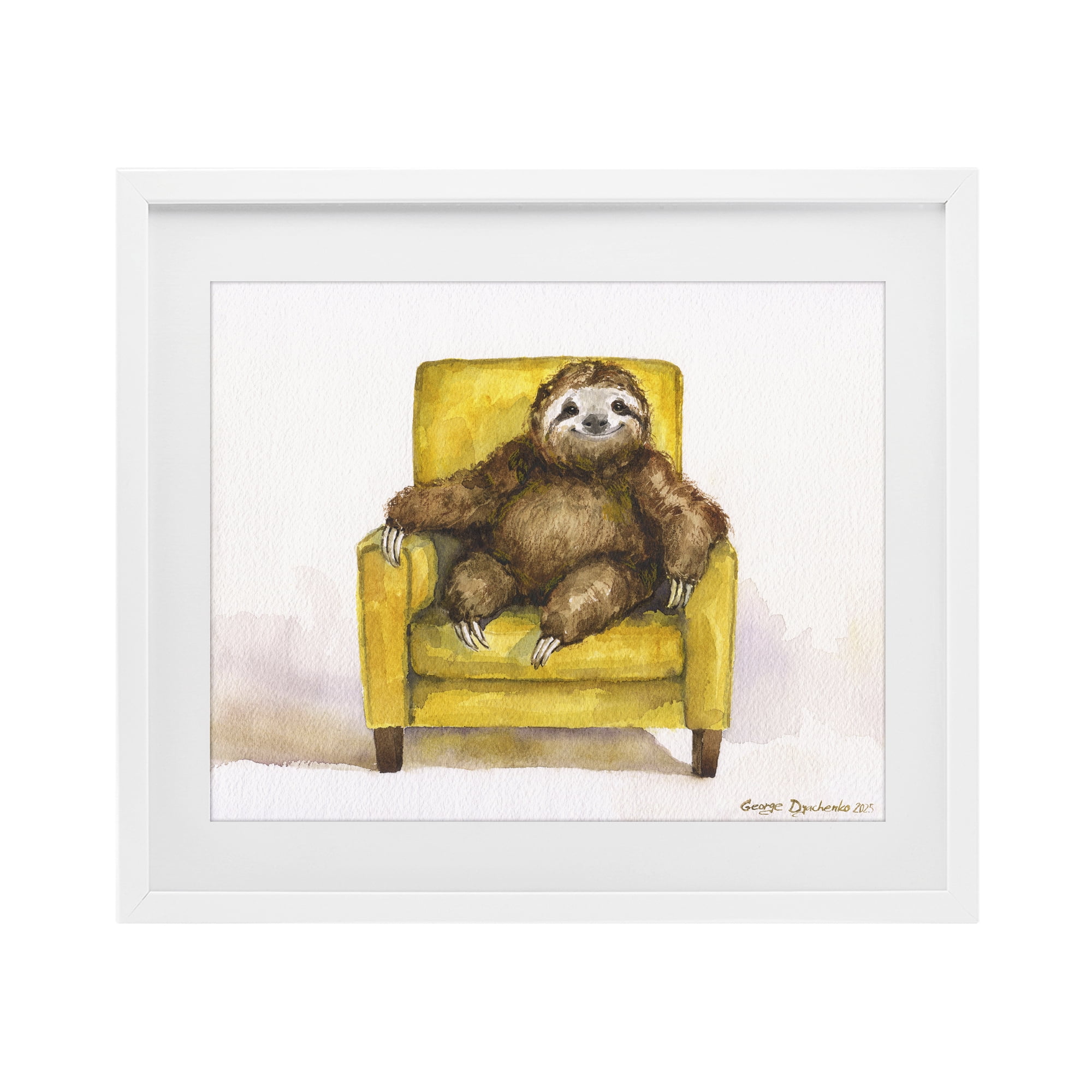 Stupell Industries Happy Sloth Relaxing on Armchair White Framed Print Under Glass, design by George Dyachenko