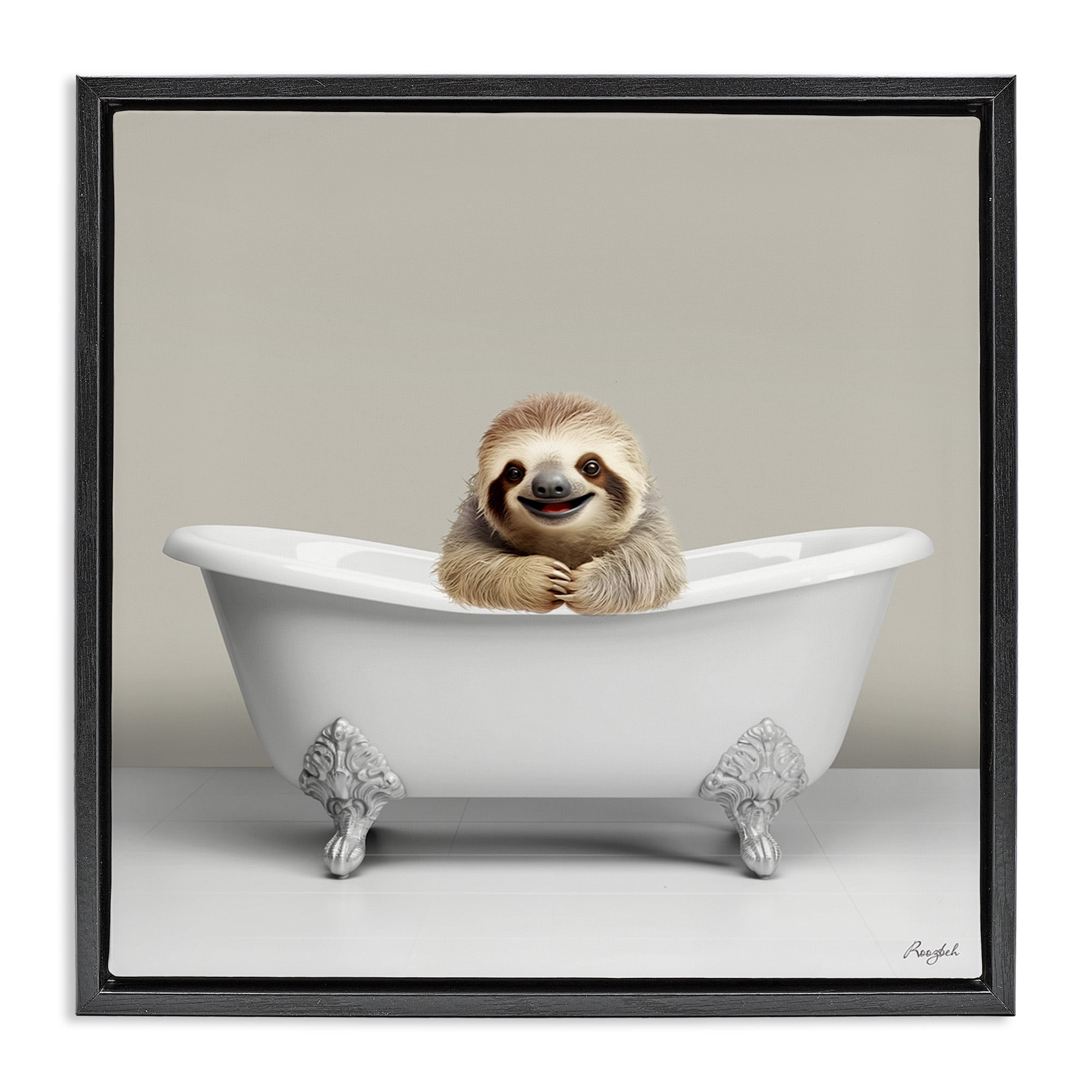 Stupell Industries Happy Sloth in Bathtub Animals & Insects Painting Black Floater Framed Canvas Art Print Wall Art, 18 x 18
