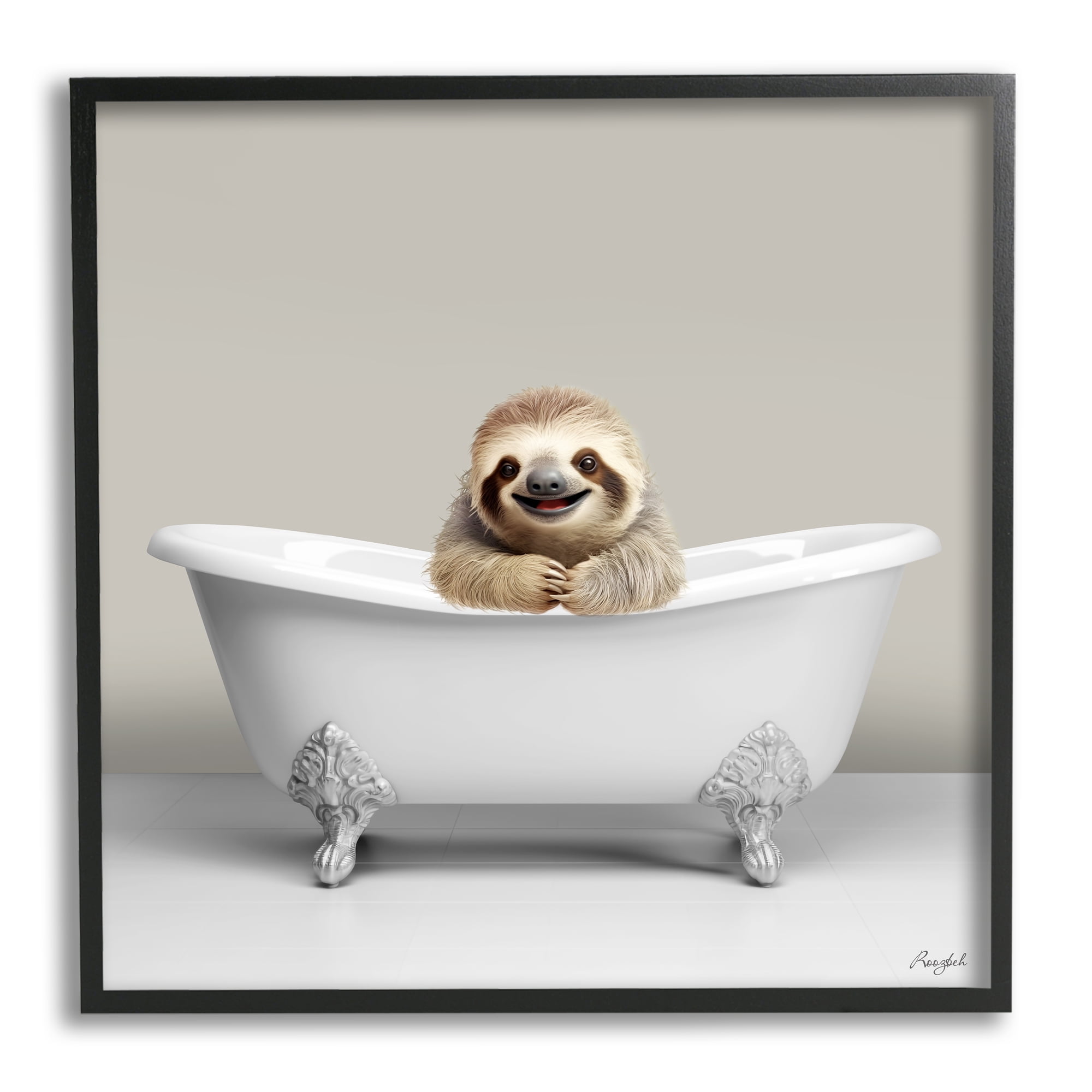 Stupell Industries Happy Sloth in Bathtub Animals & Insects Painting Black Framed Art Print Wall Art, 12 x 12