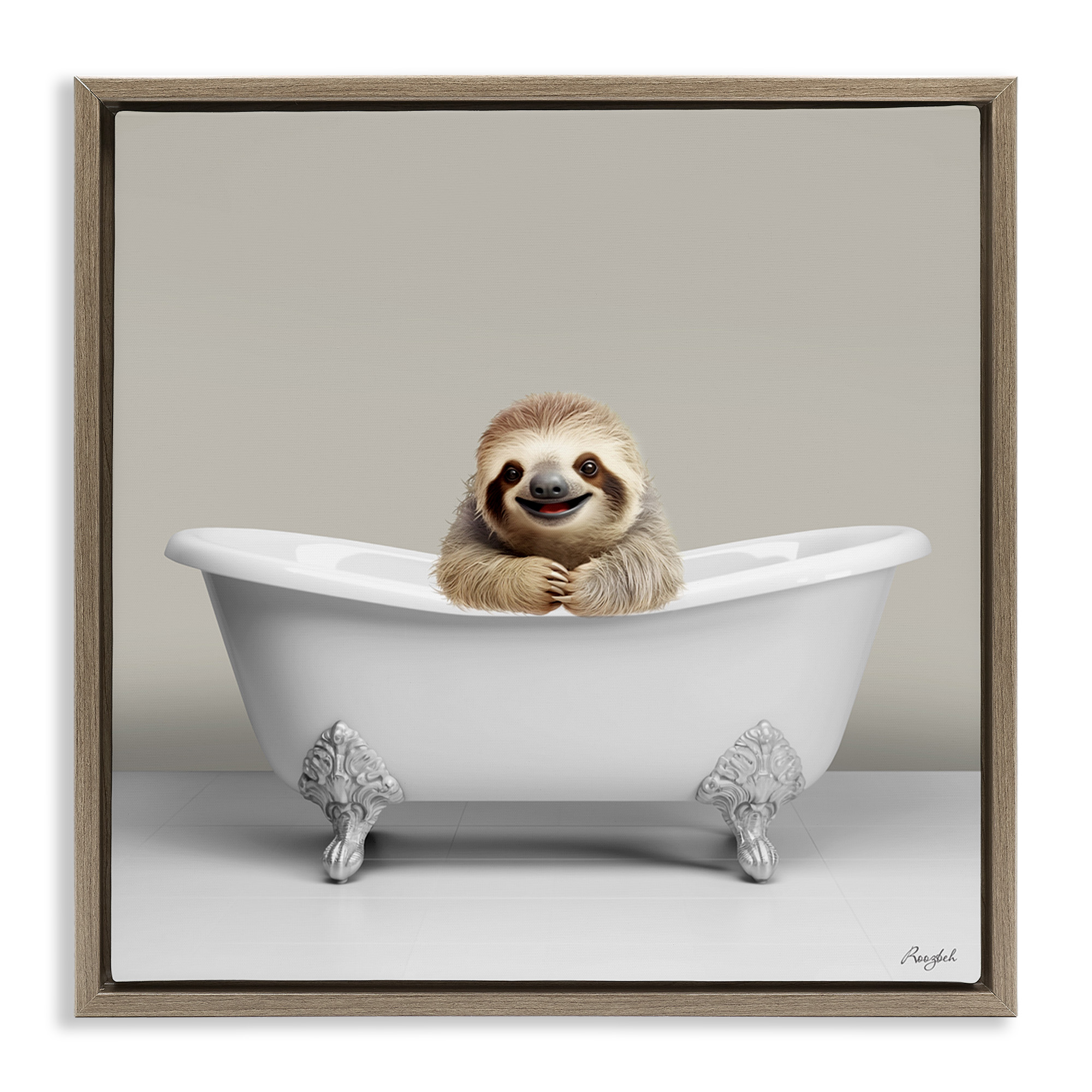 Stupell Industries Happy Sloth in Bathtub Animals & Insects Painting Brown Floater Framed Canvas Art Print Wall Art, 18 x 18
