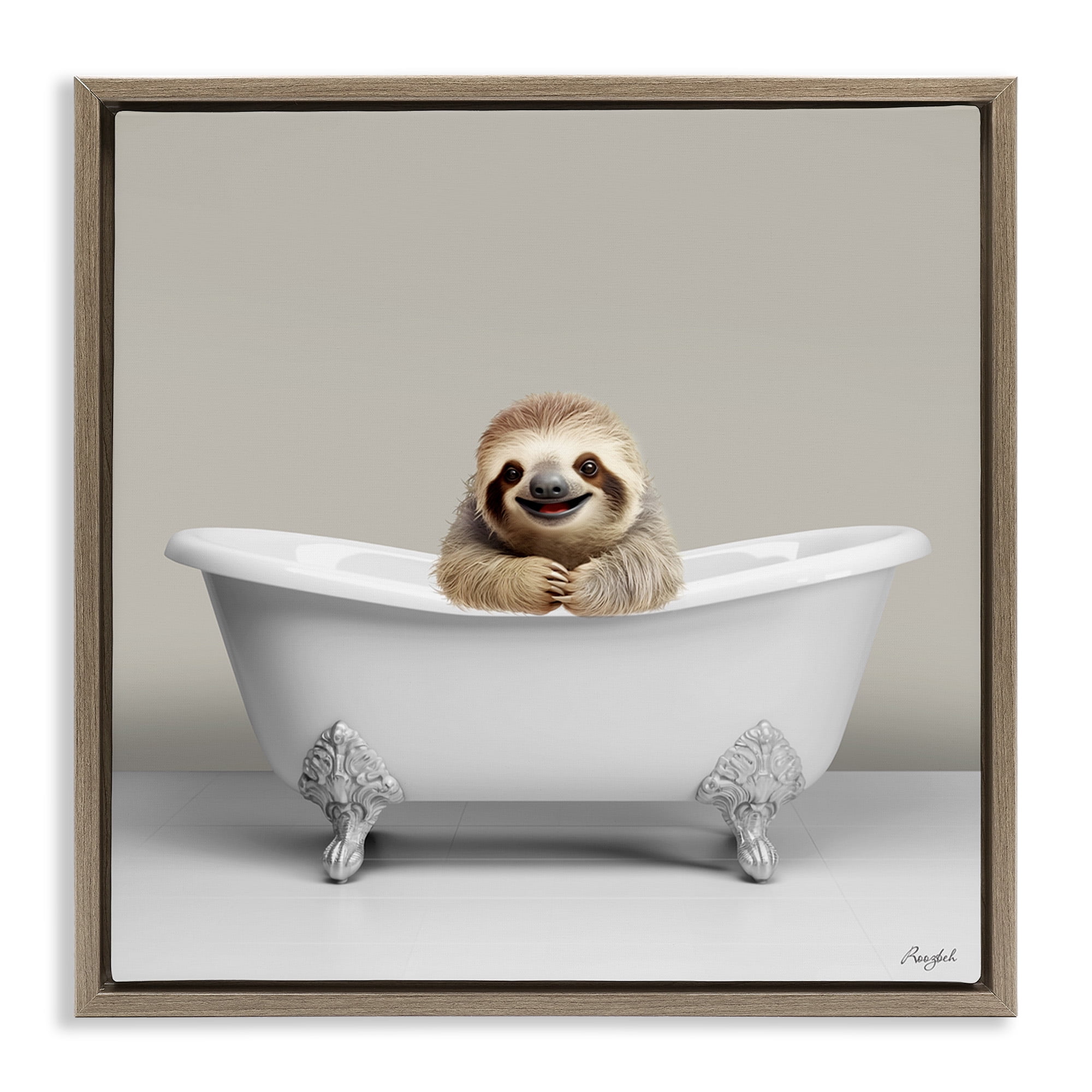 Stupell Industries Happy Sloth in Bathtub Animals & Insects Painting Brown Floater Framed Canvas Art Print Wall Art, 25 x 25