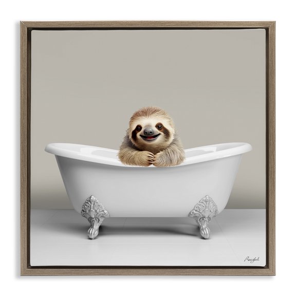 Stupell Industries Happy Sloth in Bathtub Animals & Insects Painting Brown Floater Framed Canvas Art Print Wall Art, 25 x 25