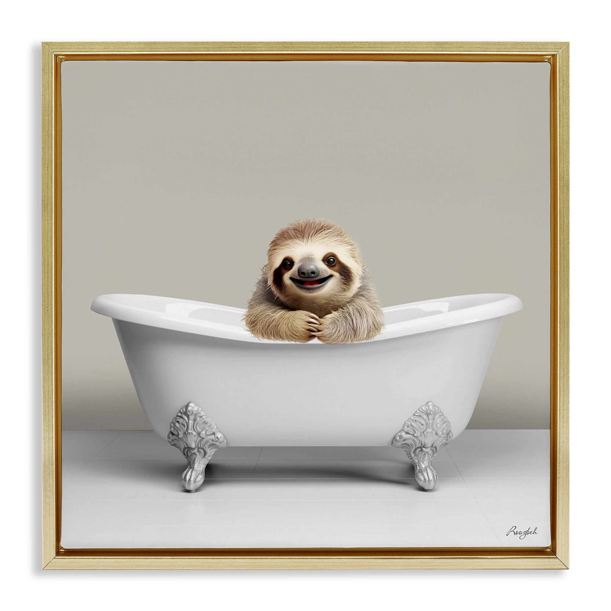 Stupell Industries Happy Sloth in Bathtub Animals & Insects Painting Gold Floater Framed Canvas Art Print Wall Art, 25 x 25