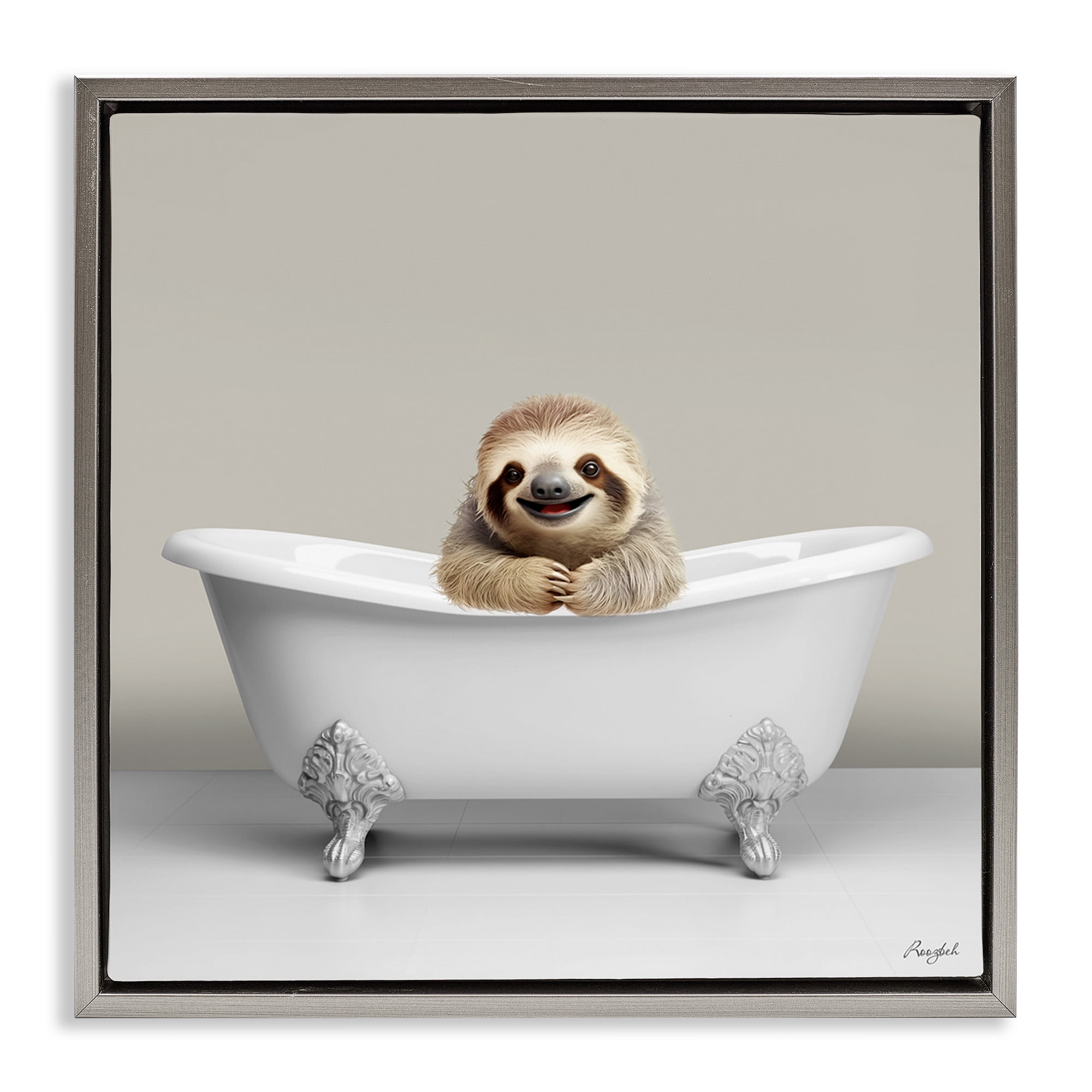 Stupell Industries Happy Sloth in Bathtub Animals & Insects Painting Gray Floater Framed Canvas Art Print Wall Art, 18 x 18